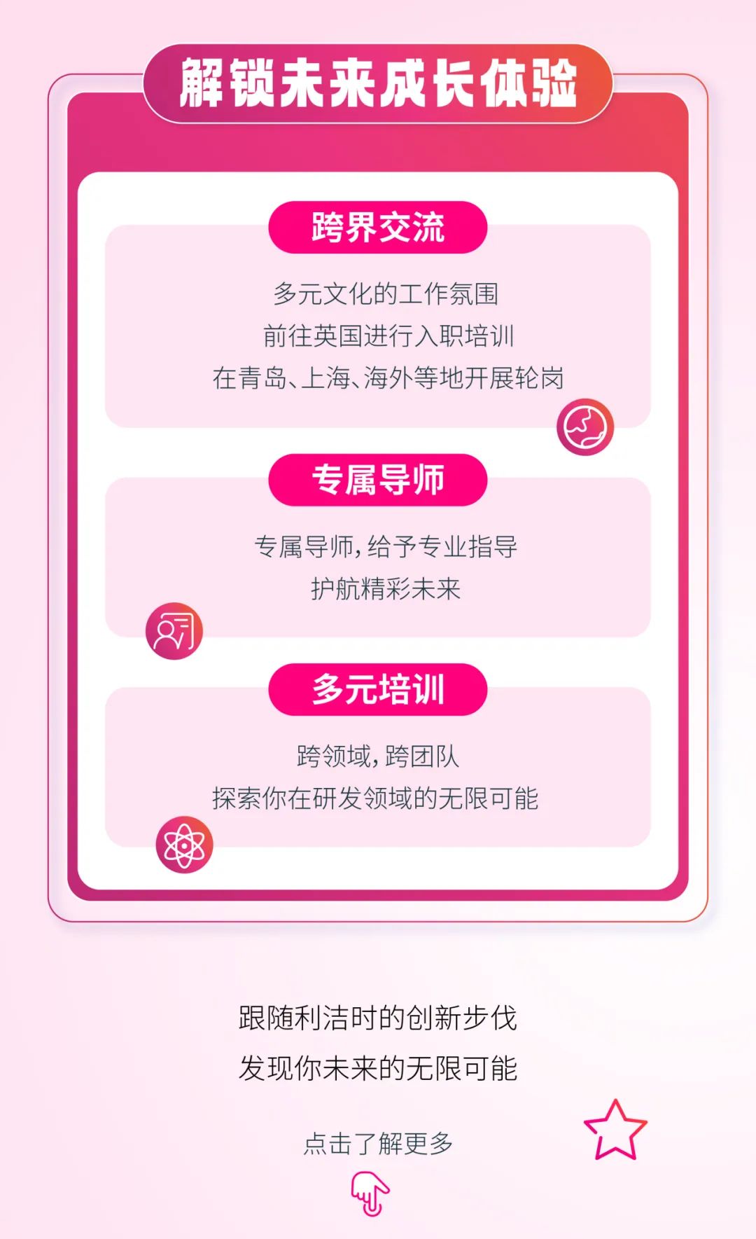 <p>解锁未来成长体验 </p>
<p>广跨界交流</p>
<p>多元文化的工作氛围</p>
<p>前往英国进行入职培训</p>
<p>在青岛、上海、海外等地开展轮岗</p>
<p>专属导师</p>
<p>专属导师,给予专业指导</p>
<p>护航精彩未来</p>
<p>司</p>
<p>多元培训</p>
<p>跨领域,跨团队</p>
<p>探索你在研发领域的无限可能</p>
<p>跟随利洁时的创新步伐</p>
<p>发现你未来的无限可能</p>
<p>点击了解更多台</p>
