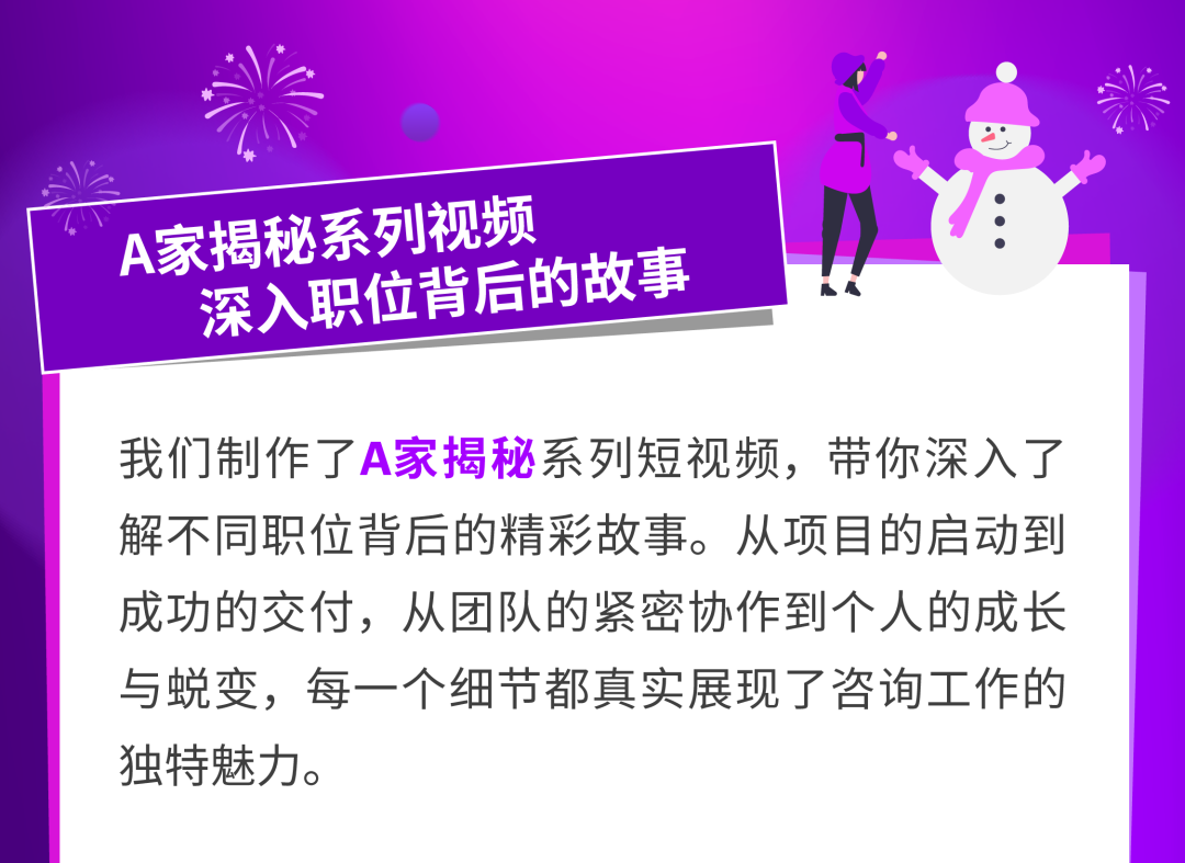<p>A家揭秘系列视频</p>
<p>深入职位背后的故事</p>
<p>我们制作了A家揭秘系列短视频,带你深入了</p>
<p>解不同职位背后的精彩故事。从项目的启动到</p>
<p>成功的交付,从团队的紧密协作到个人的成长</p>
<p>与蜕变,每一个细节都真实展现了咨询工作的</p>
<p>独特魅力。</p>