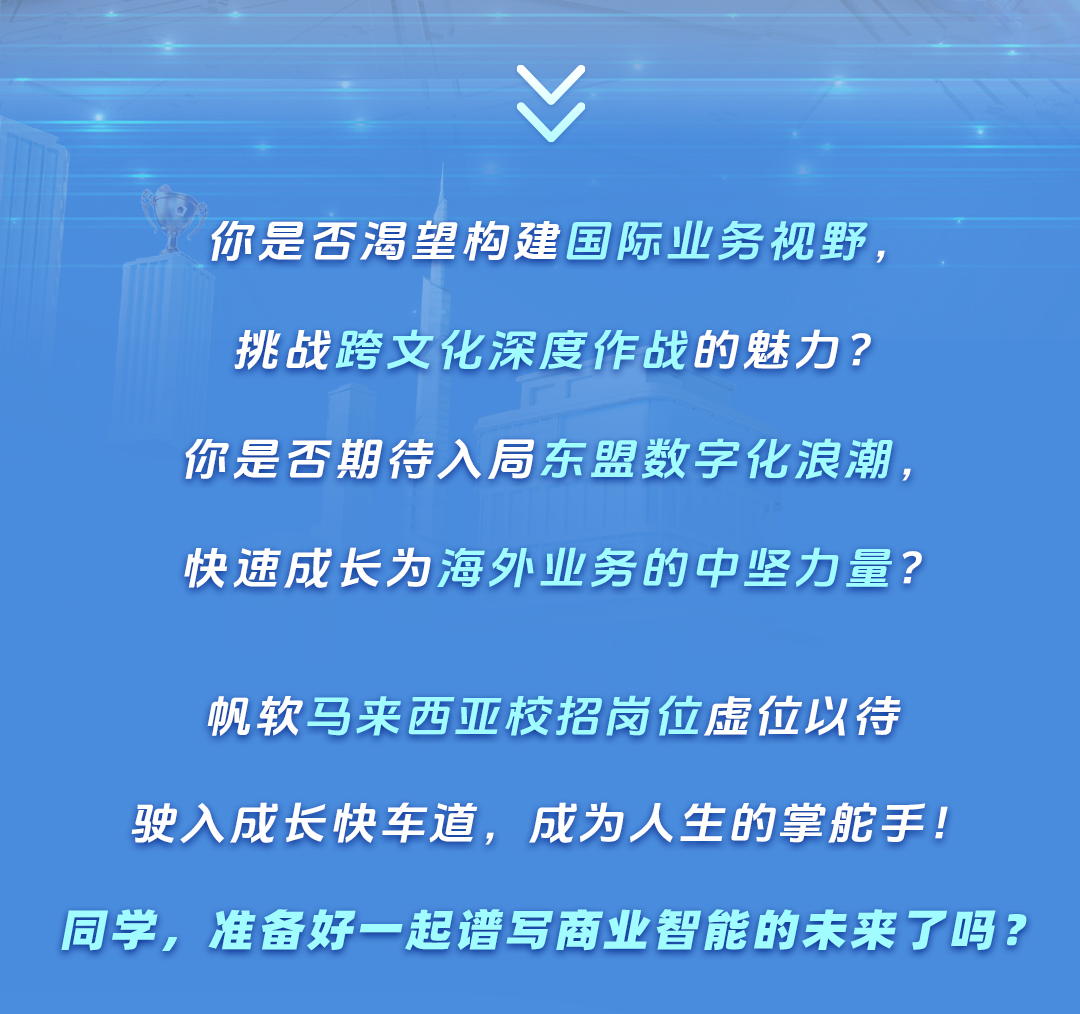 <p>你是否渴望构建国际业务视野，<br/>挑战跨文化深度作战的魅力?<br/>你是否期待入局东盟数字化浪潮，<br/>快速成长为海外业务的中坚力量?</p>
<p>帆软马来西亚校招岗位虚位以待</p>
<p>驶入成长快车道，成为人生的掌舵手!<br/>同学，<br/>准备好一起谱写商业智能的末来了吗?</p>
