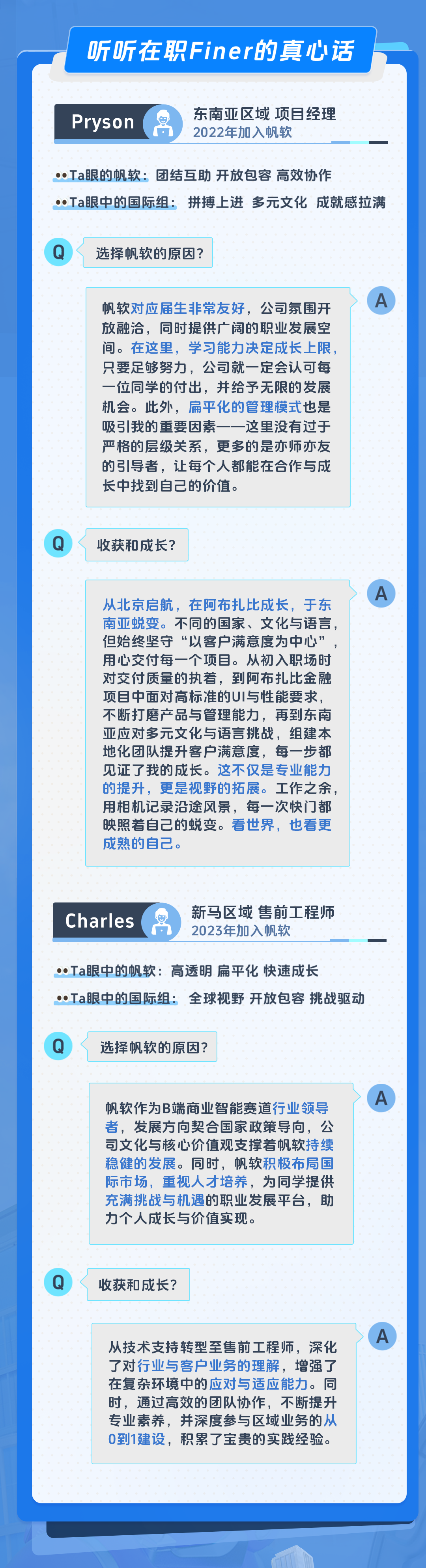 <p>听听在职Finer的真心话</p>
<p>Pryson</p>
<p>东南亚区域项目经理<br/>2022年加入帆软</p>
<p>..Ta眼的帆软:团结互助开放包容高效协作</p>
<p>..Ta眼中的国际组:拼搏上进多元文化成就感拉满</p>
<p>Q</p>
<p>选择帆软的原因?</p>
<p>帆软对应届生非常友好，公司氛围开<br/>放融洽，同时提供广阔的职业发展空<br/>间。在这里，学习能力决定成长上限<br/>只要足够努力，公司就一定会认可每<br/>一位同学的付出，并给予无限的发展<br/>机会。此外，扁平化的管理模式也是<br/>吸引我的重要因素一一这里没有过于<br/>严格的层级关系，更多的是亦师亦友<br/>的引导者，让每个人都能在合作与成<br/>长中找到自己的价值。</p>
<p>A</p>
<p>Q</p>
<p>收获和成长?</p>
<p>从北京启航，在阿布扎比成长，于东<br/>南亚蜕变。不同的国家、文化与语言，<br/>但始终坚守“以客户满意度为中心”<br/>用心交付每一个项目。从初入职场时<br/>对交付质量的执着，到阿布扎比金融<br/>项目中面对高标准的UI与性能要求，<br/>不断打磨产品与管理能力，再到东南<br/>亚应对多元文化与语言挑战，组建本<br/>地化团队提升客户满意度，每一步都<br/>见证了我的成长。这不仅是专业能力<br/>的提升，更是视野的拓展。工作之余，<br/>用相机记录沿途风景，每一次快门都<br/>映照着自己的蜕变。看世界，也看更<br/>成熟的自己。</p>
<p>A</p>
<p>Charles</p>
<p>新马区域售前工程师<br/>2023年加入帆软</p>
<p>.·Ta眼中的帆软:高透明扁平化快速成长</p>
<p>.Ta眼中的国际组:全球视野 开放包容 挑战驱动</p>
<p>Q</p>
<p>选择帆软的原因?</p>
<p>帆软作为B端商业智能赛道行业领导<br/>者，发展方向契合国家政策导向，公<br/>司文化与核心价值观支撑着帆软持续<br/>稳健的发展。同时，帆软积极布局国<br/>际市场，重视人才培养，为同学提供<br/>充满挑战与机遇的职业发展平台，助<br/>力个人成长与价值实现。</p>
<p>A</p>
<p>收获和成长?</p>
<p>从技术支持转型至售前工程师，深化<br/>了对行业与客户业务的理解，增强了<br/>在复杂环境中的应对与适应能力。同<br/>时，通过高效的团队协作，不断提升<br/>专业素养，并深度参与区域业务的从<br/>0到1建设，积累了宝贵的实践经验。</p>
<p>A</p>
