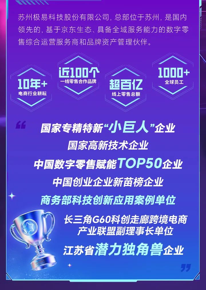 <p>苏州极易科技股份有限公司，总部位于苏州，是国内<br/>领先的，基于京东生态、具备全域服务能力的数字零<br/>售综合运营服务商和品牌资产管理伙伴。</p>
<p>10年+<br/>电商行业耕耘</p>
<p>近100个<br/>一线零售合作品牌</p>
<p>超百亿<br/>线上零售总额</p>
<p>1000+</p>
<p>全球员工</p>
<p>国家专精特新&ldquo;小巨人&rdquo;企业<br/>国家高新技术企业</p>
<p>中国数字零售赋能TOP50企业</p>
<p>中国创业企业新苗榜企业<br/>商务部科技创新应用案例单位</p>
<p>长三角G60科创走廊跨境电商</p>
<p>产业联盟副理事长单位<br/>江苏省潜力独角兽企业</p>
