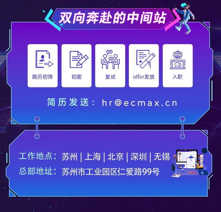 <p>双向奔赴的中间站</p>
<p>简历初筛</p>
<p>初面</p>
<p>F</p>
<p>O</p>
<p>as</p>
<p> </p>
<p>复试</p>
<p>offer发放</p>
<p>入职</p>
<p>简历发送:****</p>
<p>工作地点:苏州|上海|北京|深圳|无锡<br/>总部地址:苏州市工业园区仁爱路99号</p>
<p>5</p>
