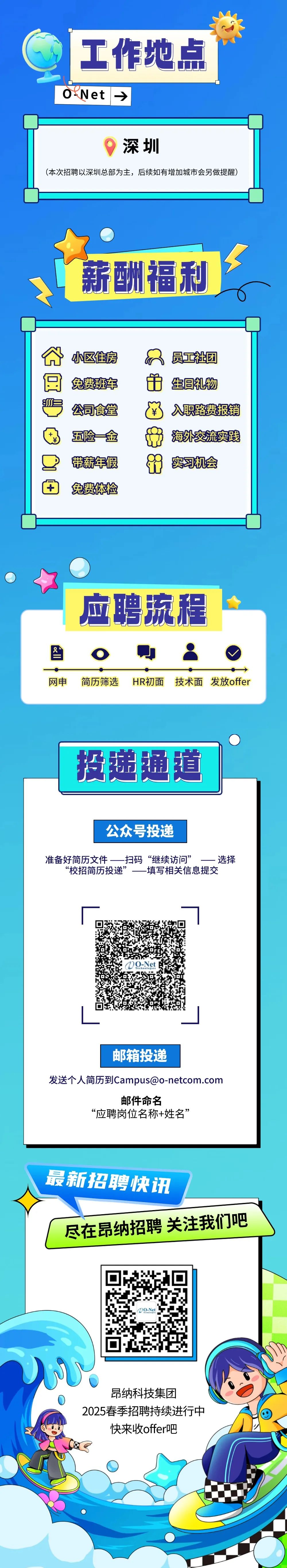<p>工作地点<br/>O Net</p>
<p>深圳</p>
<p>(本次招聘以深圳总部为主，后续如有增加城市会另做提醒)</p>
<p>薪酬福利<br/>毛</p>
<p>己己</p>
<p>小区住房<br/>回</p>
<p>免费班车<br/> </p>
<p>公司食堂<br/>五险金<br/>带薪年假<br/>+</p>
<p>免费体检</p>
<p>员工社团<br/>生日礼物<br/>入职路费报销<br/>海外交流实践<br/>实习机会</p>
<p>应聘流程<br/>8</p>
<p> </p>
<p>=</p>
<p>网申</p>
<p>简历筛选</p>
<p>HR初面</p>
<p>技术面发放offer</p>
<p>投递通道</p>
<p>公众号投递</p>
<p>准备好简历文件<br/>扫码“继续访问”</p>
<p>选择</p>
<p>“校招简历投递”一<br/>-填写相关信息提交</p>
<p>0<br/>Net</p>
<p>邮箱投递</p>
<p>发送个人简历到****</p>
<p>邮件命名</p>
<p>“应聘岗位名称+姓名”</p>
<p>最新招聘快讯</p>
<p>尽在昂纳招聘 关注我们吧</p>
<p>昂纳科技集团</p>
<p>2025春季招聘持续进行中<br/>快来收offer吧</p>
