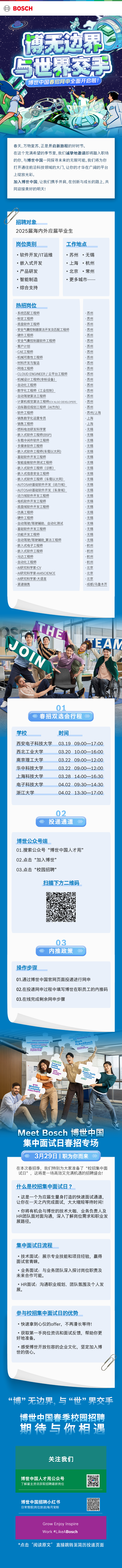 <p>④BOSCH</p>
<p>无透</p>
<p>1P</p>
<p>nn</p>
<p>职</p>
<p>与世交拜</p>
<p>7博世中国春招网申全面开启啦D</p>
<p>春天,万物复苏,正是开启新旅程的好时节。</p>
<p>在这个充满希望的季节里,我们诚挚地邀请即将踏入职场</p>
<p>的你,与博世中国一同探寻未来的无限可能。我们]将为你</p>
<p>打开通往前沿科技领域的大i ],让你的才华在广阔的平台</p>
<p>上绽放光彩。</p>
<p>加入博世中国,让我们携手并肩,在创新与成长的路.上,共</p>
<p>同迎接美好的明天!</p>
<p>K招聘对象</p>
<p>2025届海内外应届毕业生</p>
<p>岗位类别工作地点</p>
<p> 软件开发/|T运维 苏州 无锡</p>
<p> 嵌入式开发 上海 杭州</p>
<p> 产品研发 北京 常州</p>
<p>,智能制造 更多城市.....</p>
<p> 综合支持</p>
<p>热招岗位</p>
<p>.系统匹配工程师.苏州</p>
<p>.标定工程师.苏州</p>
<p>.底盘软件工程师.苏州</p>
<p>.安全气囊控制器算法开发及匹配工程师.苏州</p>
<p>.硬件工程师.苏州</p>
<p>.安全气囊控制器软件工程师.苏州</p>
<p>.客户计划.苏州</p>
<p>. CAE工程师.苏州</p>
<p>.机械可靠性工程师.苏州</p>
<p>.材料开发与智造.苏州</p>
<p>.网络工程师.苏州</p>
<p>.CLOUD ENGINEER/云平台工程师.苏州</p>
<p>.机械设计工程师(非标设备).苏州</p>
<p>.自动化工程师.苏州</p>
<p>.数字化工程师(工业控制).苏州</p>
<p>.自动驾驶算法工程师.苏州</p>
<p>.计算机视觉算法工程师(CVALGO DEVELOPER).苏州</p>
<p>.泊车路径规划工程师(AI方向).苏州</p>
<p>.软件工程师.步州/上海</p>
<p>.销售数字化运营专员.上:海</p>
<p>.销售工程师上海</p>
<p>.燃料电池研发科学家.于锡</p>
<p>.嵌入式软件工程师(BSP).无锡</p>
<p>.车载中间件软件工程师.无锡</p>
<p>.多媒体软件工程师.于锡</p>
<p>.嵌入式软件工程师(车载以太网).于锡</p>
<p>.基础软件开发工程师.于锡</p>
<p>.智能座舱软件测试工程师.锡</p>
<p>.嵌入式软件工程师(诊断).开锡</p>
<p>.嵌入式信息安全工程师.无锡</p>
<p>.嵌入式软件工程师(车载以太网).无锡</p>
<p>.AUTOSAR基础软件开发(动力域).锡</p>
<p>.AUTOSAR基础软件开发(车身域).锡</p>
<p>.动力域软件开发工程师.于锡</p>
<p>.电机软件开发工程师.无锡</p>
<p>.底盘域软件开发工程师.于锡</p>
<p>.仿真工程师.于锡</p>
<p>.硬件工程师.于锡</p>
<p>.自动驾驶/驾驶辅助、自动化测试.无钱</p>
<p>.基础软件开发工程师.锡</p>
<p>.功能开发工程师.于锡</p>
<p>.自动驾驶/驾驶辅助算法工程师.于锡</p>
<p>.嵌入式电子工程师.杭州</p>
<p>.嵌入式软件工程师.杭州</p>
<p>.马达工程师.杭州</p>
<p>.自动化工程师.杭州</p>
<p>. AI研究科学家-CV.北京</p>
<p>. AI研究科学家AI4SCIENCE.北京</p>
<p>. AI研究科学家大语言.北京</p>
<p>.渠道销售.成都/乌鲁木齐</p>
<p>TEAM</p>
<p>01</p>
<p>. ◆春招双选会行程</p>
<p>学校时间</p>
<p>西安电子科技大学03.19 09:00-17:00</p>
<p>西北工业大学03.20 10:00- -16:00</p>
<p>南京理工大学03.22 09:00- -12:00</p>
<p>华中科技大学03.22 09:00- -12:00</p>
<p>.上海科技大学03.28 14:00- -16:30</p>
<p>电子科技大学04.02 09:30- -14:30</p>
<p>浙江大学04.02 13:30-17:00</p>
<p>02</p>
<p>投递通道</p>
<p>博世公众号端</p>
<p>01.搜索公众号“博世中国人才苑”</p>
<p>02.点击“加入博世”</p>
<p>03.点击“校园招聘”</p>
<p>扫描下方二维码</p>
<p>03</p>
<p>内推政策</p>
<p>操作步骤</p>
<p>01.通过博世中国官网页面投递进行网申</p>
<p>02.在投递网申过程中填写博世在职员工的内推码</p>
<p>03.在线完成剩余网申步骤</p>
<p>upio pivened irlf</p>
<p>customers connectedWoreABosch</p>
<p>Industriatanoa</p>
<p>brighte mindsTechnologymobaAnad</p>
<p>Buildingan</p>
<p>Tu) po</p>
<p>Tnovatiools</p>
<p>Cobilty</p>
<p>enjoy.insplre</p>
<p>Meet Bosch博世中国</p>
<p>集中面试日春招专场</p>
<p>3月29日1职为你而来</p>
<p>在本次春招季,我们特别为大家准备了“校招集中面</p>
<p>试日”,这将是-场高效又充满机遇的招聘盛会!</p>
<p>什么是校招集中面试日?</p>
<p> 这是一个为应届生量身打造的快速面试通道,</p>
<p>让你在一天之内完成面试,大大缩短等待时间!</p>
<p> 你将有机会与博世的技术大咖、业务负责人及</p>
<p>HR团队面对面沟通,深入了解岗位需求和职业发</p>
<p>展路径。</p>
<p>集中面试日流程</p>
<p> 技术面试:展示专业技能和项目经验,赢得</p>
<p>面试官青睐。</p>
<p> 业务面试:与业务团队深入探讨岗位职责及</p>
<p>未来合作可能。</p>
<p> HR面试:沟通职业规划、团队氛围及个人发</p>
<p>展。</p>
<p>参与校招集中面试日的优势</p>
<p> 快速拿到心仪的offer,不再漫长等待!</p>
<p> 获取第一手岗位资讯和面试反馈,帮助你更</p>
<p>好地准备。</p>
<p> 感受博世开放包容的企业文化,坚定加入博</p>
<p>世的信心。</p>
<p>“浦”无边界。与“世”界交手</p>
<p>博世中国春季校园招聘</p>
<p>期待与你相遇</p>
<p>关注我们</p>
<p>博世中国人才苑公众号</p>
<p>了解雇主资讯获取招聘最新岗位额区</p>
<p>博世中国招聘小红书是</p>
<p>日常情报|岗位放送|每月宠粉高杂</p>
<p>Grow Enjoy Inspire</p>
<p>Work #L ikeABosch</p>
<p>*点击"阅读原文"直接跳转至简历投递页面</p>
