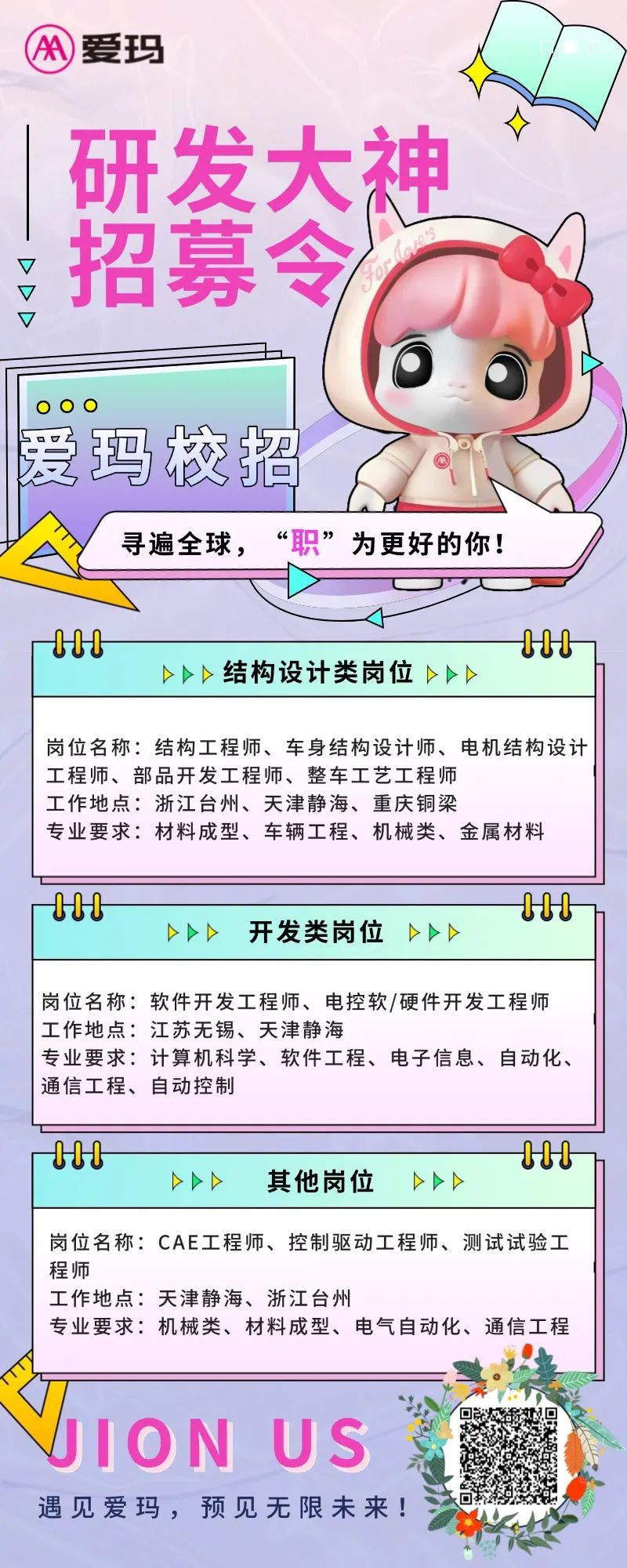 <p>A)爱玛</p>
<p>研发大神</p>
<p>招募令</p>
<p>寻遍全球,&ldquo;职&rdquo;为更好的你!</p>
<p>岗位名称: CAE工程师、控制驱动工程师、测试试验工</p>
<p>程师</p>
<p>工作地点:天津静海、浙江台州</p>
<p>专业要求:机械类、材料成型、电气自动化、通信工程</p>
<p>VION US</p>
<p>遇见爱玛,预见无限未来</p>

<table>
<tr><td>OOO爱玛校招</td>
<td>C)dor</td>
<td>)</td>
</tr>
<tr><td colspan="3">HH HNAD结构设计类岗位Dl D</td>
</tr>
<tr><td colspan="3">岗位名称:结构工程师、车身结构设计师、电机结构设计工程师、部品开发工程师、整车工艺工程师工作地点:浙江台州、天津静海、重庆铜梁专业要求:材料成型、车辆工程、机械类、金属材料</td>
</tr>
<tr><td colspan="3">H HNDD 开发类岗位DAD</td>
</tr>
<tr><td colspan="3">岗位名称:软件开发工程师、电控软/硬件开发工程师工作地点:江苏无锡、天津静海专业要求:计算机科学、软件工程、电子信息、自动化、通信工程、自动控制</td>
</tr>
<tr><td colspan="3">H HH>>> 其他岗位 l>></td>
</tr>
</table>
