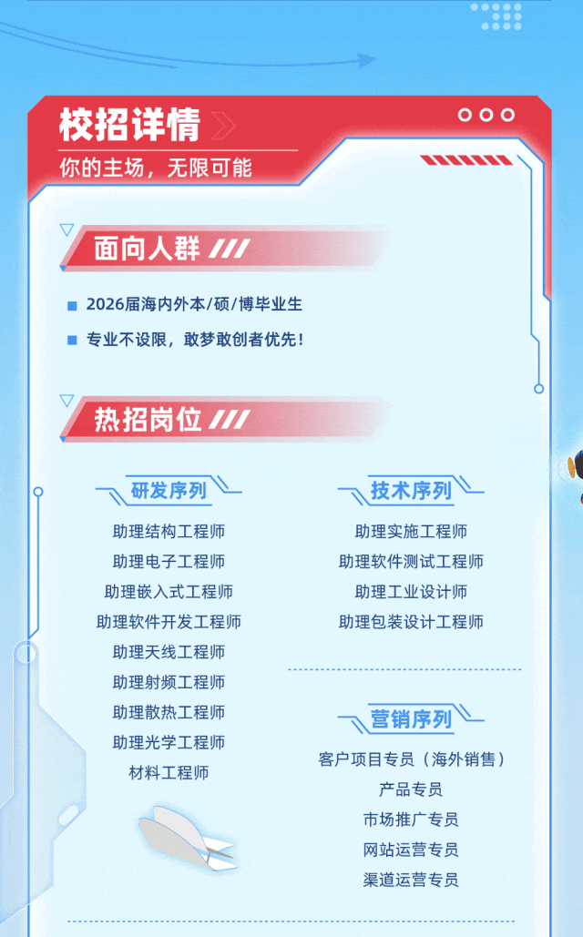 <p>校招详情</p>
<p>O00</p>
<p>你的主场，无限可能</p>
<p>面向人群/</p>
<p>2026届海内外本/硕/博毕业生</p>
<p>专业不设限，敢梦敢创者优先！</p>
<p>热招岗位/</p>
<p>研发序列</p>
<p>技术序列</p>
<p>助理结构工程师</p>
<p>助理实施工程师</p>
<p>助理电子工程师</p>
<p>助理软件测试工程师</p>
<p>助理嵌入式工程师</p>
<p>助理工业设计师</p>
<p>助理软件开发工程师</p>
<p>助理包装设计工程师</p>
<p>助理天线工程师</p>
<p>助理射频工程师</p>
<p>助理散热工程师</p>
<p>营销序列</p>
<p>助理光学工程师</p>
<p>客户项目专员（海外销售）</p>
<p>材料工程师</p>
<p>产品专员</p>
<p>市场推广专员</p>
<p>网站运营专员</p>
<p>渠道运营专员</p>
