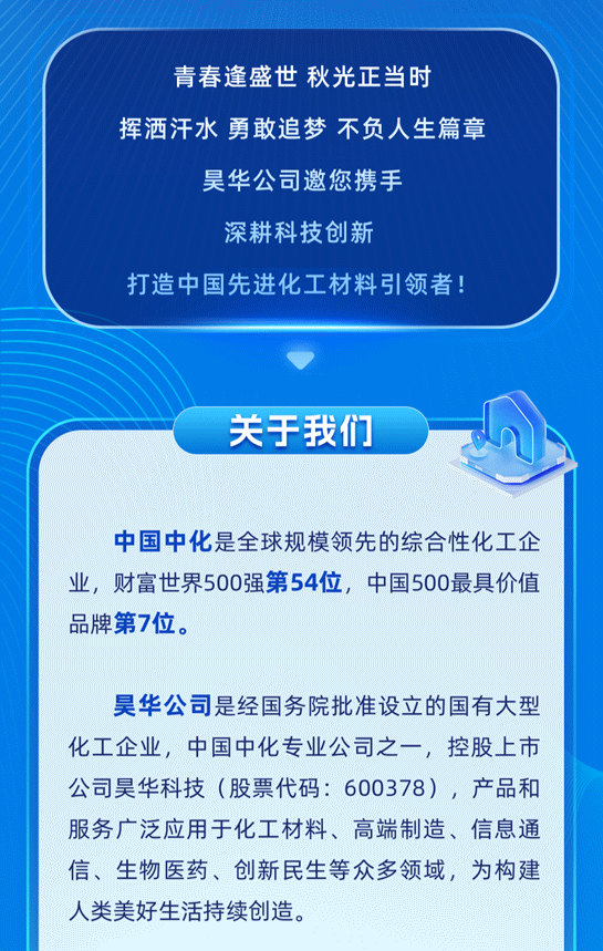 <p>青春逢盛世秋光正当时</p>
<p>挥洒汗水勇敢追梦不负人生篇章</p>
<p>昊华公司邀您携手</p>
<p>深耕科技创新</p>
<p>打造中国先进化工材料引领者</p>
<p>关于我们0</p>
<p>中国中化是全球规模领先的综合性化工企</p>
<p>业,财富世界500强第54位,中国500最具价值</p>
<p>品牌第7位。</p>
<p>昊华公司是经国务院批准设立的国有大型</p>
<p>化工企业,中国中化专业公司之一,控股上市</p>
<p>公司昊华科技(股票代码: 600378),产品和</p>
<p>服务广泛应用于化工材料、高端制造、信息通</p>
<p>信、生物医药、创新民生等众多领域,为构建</p>
<p>人类美好生活持续创造。</p>
