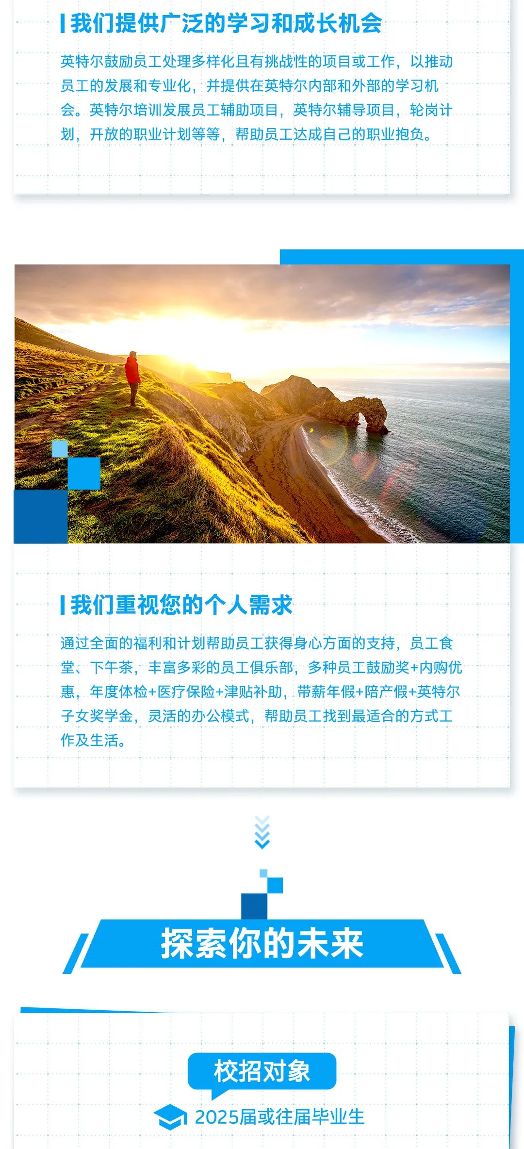 <p>1我们提供广泛的学习和成长机会</p>
<p>英特尔鼓励员工处理多样化且有挑战性的项目或工作，以推动<br/>员工的发展和专业化，并提供在英特尔内部和外部的学习机<br/>会。英特尔培训发展员工辅助项目，英特尔辅导项目，轮岗计<br/>划，开放的职业计划等等，帮助员工达成自己的职业抱负。</p>
<p>1我们重视您的个人需求</p>
<p>通过全面的福利和计划帮助员工获得身心方面的支持，员工食<br/>堂、下午茶，丰富多彩的员工俱乐部，多种员工鼓励奖+内购优<br/>惠，年度体检+医疗保险+津贴补助，带薪年假+陪产假+英特尔<br/>子女奖学金，灵活的办公模式，帮助员工找到最适合的方式工<br/>作及生活。</p>
<p>探索你的未来</p>
<p>校招对象</p>
<p>2025届或往届毕业生</p>
