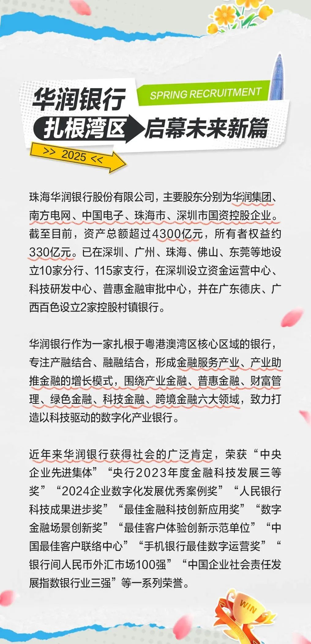 <p>华润银行<br/>SPRING RECRUITMENT<br/>扎根湾区启幕未来新篇<br/>>>2025<<</p>
<p>珠海华润银行股份有限公司，主要股东分别为华润集团、<br/>南方电网、中国电子、珠海市、深圳市国资控股企业。<br/>截至目前，资产总额超过4300亿元，所有者权益约<br/>330亿元。已在深圳、广州、珠海、佛山、东莞等地设<br/>立10家分行、115家支行，在深圳设立资金运营中心、<br/>科技研发中心、普惠金融审批中心，并在广东德庆、广<br/>西百色设立2家控股村镇银行。</p>
<p>华润银行作为一家扎根于粤港澳湾区核心区域的银行，<br/>专注产融结合、融融结合，形成金融服务产业、产业助<br/>推金融的增长模式，围绕产业金融、普惠金融、财富管<br/>理、绿色金融、科技金融、跨境金融六大领域，致力打<br/>造以科技驱动的数字化产业银行。</p>
<p>近年来华润银行获得社会的广泛肯定，荣获“中央<br/>企业先进集体”<br/>“央行2023年度金融科技发展三等<br/>奖”“2024企业数字化发展优秀案例奖”“人民银行<br/>科技成果进步奖”“最佳金融科技创新应用奖”“数字<br/>金融场景创新奖”“最佳客户体验创新示范单位”<br/>“中<br/>国最佳客户联络中心”“手机银行最佳数字运营奖”<br/>“<br/>银行间人民币外汇市场100强”“中国企业社会责任发<br/>展指数银行业三强”等一系列荣誉。</p>

