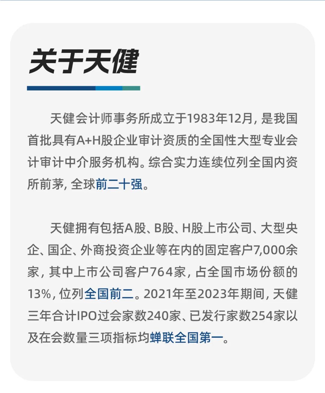 <p>天于天健</p>
<p>天健会计师事务所成立于1983年12月，是我国</p>
<p>首批具有A+H股企业审计资质的全国性大型专业会</p>
<p>计审计中介服务机构。综合实力连续位列全国内资</p>
<p>所前茅，全球前二十强。</p>
<p>天健拥有包括A股、B股、H股上市公司、大型央</p>
<p>企、国企、外商投资企业等在内的固定客户7,000余</p>
<p>家，其中上市公司客户764家，占全国市场份额的</p>
<p>13%，位列全国前二。2021年至2023年期间，天健</p>
<p>三年合计IPO过会家数240家、已发行家数254家以</p>
<p>及在会数量三项指标均蝉联全国第一</p>
