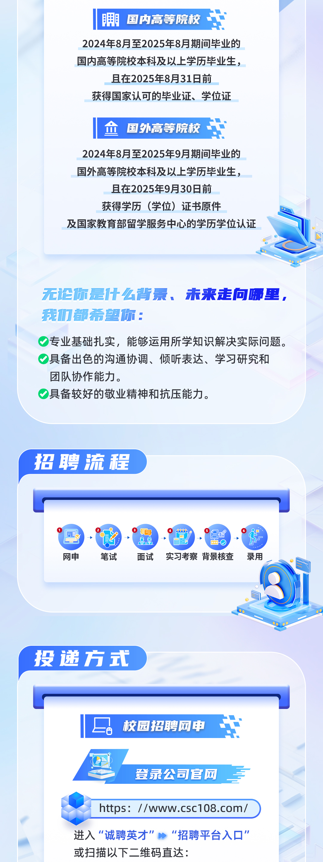 <p>国内高等院校</p>
<p>2024年8月至2025年8月期间毕业的<br/>国内高等院校本科及以上学历毕业生，</p>
<p>且在2025年8月31日前</p>
<p>获得国家认可的毕业证、学位证</p>
<p>合国外高等院校<br/> </p>
<p>2024年8月至2025年9月期间毕业的<br/>国外高等院校本科及以上学历毕业生，</p>
<p>且在2025年9月30日前</p>
<p>获得学历(学位)证书原件</p>
<p>及国家教育部留学服务中心的学历学位认证</p>
<p>无论你是什么背景、未来走向哪里，<br/>我们都希望你:</p>
<p>专业基础扎实，能够运用所学知识解决实际问题。<br/>具备出色的沟通协调、倾听表达、学习研究和<br/>团队协作能力。</p>
<p>)具备较好的敬业精神和抗压能力。</p>
<p>招聘流程</p>
<p>网申</p>
<p>笔试</p>
<p>面试实习考察背景核查</p>
<p>录用</p>
<p>投递方式</p>
<p>校园招聘网申</p>
<p>登录公司官网</p>
<p> </p>
<p>https://www.csc108.com/</p>
<p>进入“诚聘英才"“招聘平台入口”<br/>或扫描以下二维码直达:</p>
