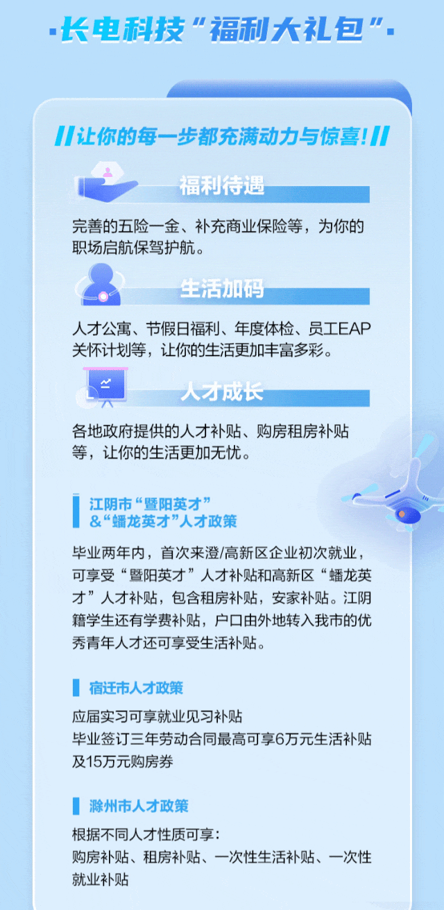 <p>长电科技"福利大礼包".</p>
<p>1让你的每一步都充满动力与惊喜!</p>
<p>福利待遇</p>
<p>完善的五险一金、补充商业保险等,为你的<br/>职场启航保驾护航。</p>
<p>生活加码</p>
<p>人才公寓、节假日福利、年度体检、员工EAP<br/>关怀计划等,让你的生活更加丰富多彩。</p>
<p>人才成长</p>
<p>各地政府提供的人才补贴、购房租房补贴<br/>等,让你的生活更加无忧。</p>
<p>江阴市“暨阳英才”</p>
<p>&“蟠龙英才”人才政策</p>
<p>毕业两年内,首次来澄/高新区企业初次就业,<br/>可享受“暨阳英才”人才补贴和高新区“蟠龙英<br/>才”人才补贴,包含租房补贴,安家补贴。江阴<br/>籍学生还有学费补贴,户口由外地转入我市的优<br/>秀青年人才还可享受生活补贴。</p>
<p>宿迁市人才政策</p>
<p>应届实习可享就业见习补贴</p>
<p>毕业签订三年劳动合同最高可享6万元生活补贴<br/>及15万元购房券</p>
<p>滁州市人才政策</p>
<p>根据不同人才性质可享:</p>
<p>购房补贴、租房补贴、一次性生活补贴、一次性<br/>就业补贴</p>