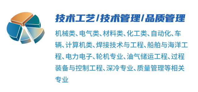 <p>技术艺技术理品理</p>
<p>机械类、电气类、材料类、化工类、自动化、车</p>
<p>辆、计算机类、焊接技术与工程、船舶与海洋工</p>
<p>程、电力电子、轮机专业、油气储运工程、过程</p>
<p>装备与控制工程、深冷专业质管理等相关</p>
<p>专业</p>
