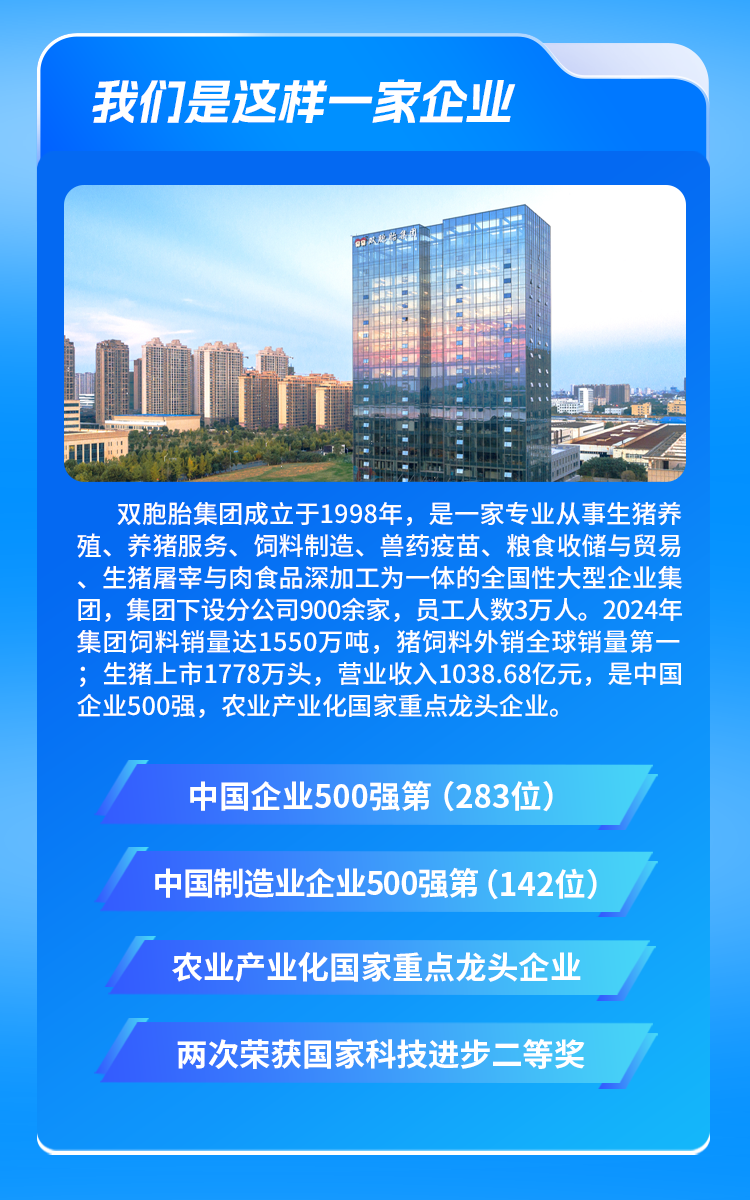 <p>我们是这样一家企业</p>
<p>双胞胎集团成立于1998年，是一家专业从事生猪养<br/>殖、养猪服务、饲料制造、兽药疫苗、粮食收储与贸易<br/>、生猪屠宰与肉食品深加工为一体的全国性大型企业集<br/>团，集团下设分公司900余家，员工人数3万人。2024年<br/>集团饲料销量达1550万吨，猪饲料外销全球销量第一<br/>;生猪上市1778万头，营业收入1038.68亿元，是中国<br/>企业500强，农业产业化国家重点龙头企业。</p>
<p>中国企业500强第(283位)<br/>中国制造业企业500强第(142位)<br/>农业产业化国家重点龙头企业<br/>两次荣获国家科技进步二等奖</p>
