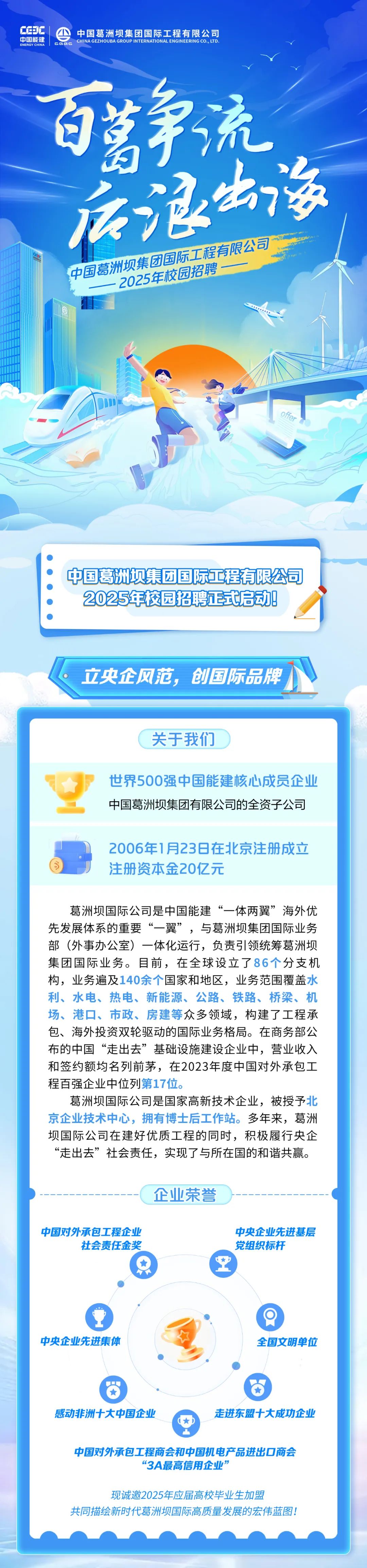 <p>0年6</p>
<p>中国葛洲坝集团国际工程有限公司</p>
<p>中国能建</p>
<p>ENERGY CHINA</p>
<p>CHINA GEZHOUBA GROUP INTERNATIONAL ENGINEERING CO，LTD<br/>CGG0<br/>百葛手流</p>
<p>后浪如海</p>
<p>中国葛洲坝集团国际工程有限公司</p>
<p>2025年校园招聘</p>
<p>ffe</p>
<p>中国葛洲坝集团国际工程有限公司<br/>2025年校园招聘正式启动!</p>
<p>立央企风范，创国际品牌</p>
<p>关于我们</p>
<p>世界500强中国能建核心成员企业<br/>中国葛洲坝集团有限公司的全资子公司</p>
<p>2006年1月23日在北京注册成立<br/>注册资本金20亿元</p>
<p>葛洲坝国际公司是中国能建&ldquo;一体两翼&rdquo;海外优<br/>先发展体系的重要&ldquo;一翼&rdquo;，与葛洲坝集团国际业务<br/>部(外事办公室)一体化运行，负责引领统筹葛洲坝<br/>集团国际业务。目前，在全球设立了86个分支机<br/>构，业务遍及140余个国家和地区，业务范围覆盖水<br/>利、水电、热电、新能源、公路、铁路、桥梁、机<br/>场、港口、市政、房建等众多领域，构建了工程承<br/>包、海外投资双轮驱动的国际业务格局。在商务部公<br/>布的中国&ldquo;走出去&rdquo;基础设施建设企业中，营业收入<br/>和签约额均名列前茅，在2023年度中国对外承包工<br/>程百强企业中位列第17位。</p>
<p>葛洲坝国际公司是国家高新技术企业，被授予北<br/>京企业技术中心，拥有博士后工作站。多年来，葛洲<br/>坝国际公司在建好优质工程的同时，积极履行央企<br/>&ldquo;走出去&rdquo;社会责任，实现了与所在国的和谐共赢。</p>
<p>企业荣誉</p>
<p>中国对外承包工程企业</p>
<p>社会责任金奖</p>
<p>中央企业先进基层<br/>党组织标杆</p>
<p>中央企业先进集体</p>
<p>全国文明单位</p>
<p>感动非洲十大中国企业</p>
<p>走进东盟十大成功企业</p>
<p>中国对外承包工程商会和中国机电产品进出口商会</p>
<p>&ldquo;3A最高信用企业&rdquo;</p>
<p>现诚邀2025年应届高校毕业生加盟</p>
<p>共同描绘新时代葛洲坝国际高质量发展的宏伟蓝图!</p>
