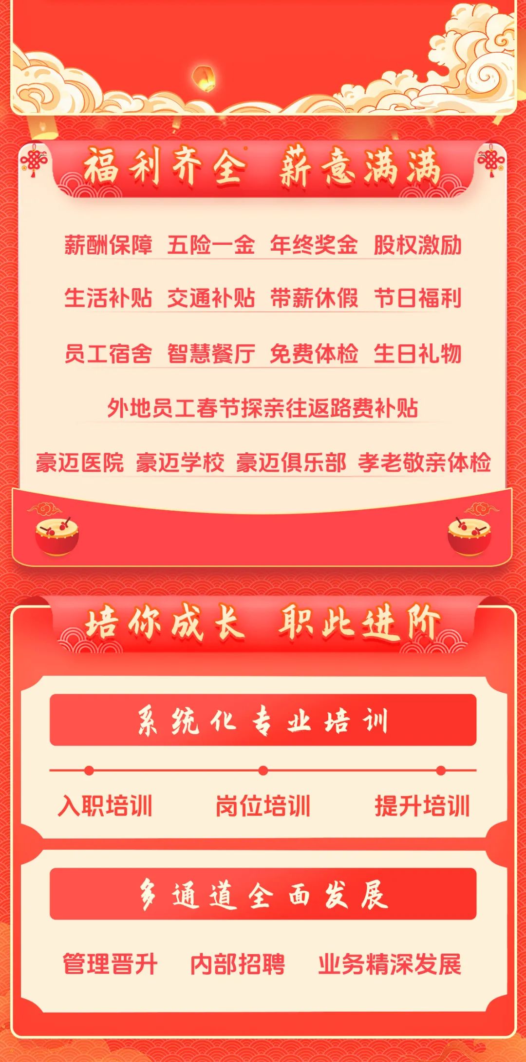 <p>零福利齐全 薪意满满</p>
<p>薪酬保障 五险一金 年终奖金 股权激励<br/>生活补贴 交通补贴 带薪休假 节日福利<br/>员工宿舍 智慧餐厅 免费体检 生日礼物<br/>外地员工春节探亲往返路费补贴</p>
<p>豪迈医院 豪迈学校 豪迈俱乐部 孝老敬亲体检</p>
<p>培你成长 职此进阶</p>
<p>系统化专业培训<br/>入职培训</p>
<p>岗位培训</p>
<p>提升培训</p>
<p>多通道全面发展</p>
<p>管理晋升<br/>内部招聘<br/>业务精深发展</p>
