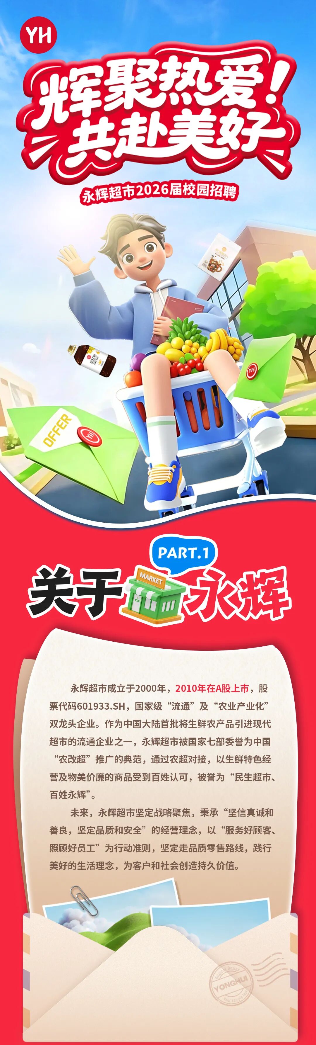 <p>YH</p>
<p>辉聚热爱</p>
<p>砖</p>
<p>yH</p>
<p>S</p>
<p>OFFER</p>
<p>PART.1</p>
<p>关于</p>
<p>MARKET</p>
<p>永辉</p>
<p>商面</p>
<p>永辉超市成立于2000年,2010年在A股上市，股</p>
<p>票代码601933.SH,国家级&ldquo;流通&rdquo;及&ldquo;农业产业化</p>
<p>双龙头企业。作为中国大陆首批将生鲜农产品引进现代</p>
<p>超市的流通企业之一，永辉超市被国家七部委誉为中国</p>
<p>&ldquo;农改超&rdquo;推广的典范,通过农超对接，以生鲜特色经</p>
<p>营及物美价廉的商品受到百姓认可，被誉为&ldquo;民生超市、</p>
<p>百姓永辉&rdquo;。</p>
<p>未来，永辉超市坚定战略聚焦，秉承&ldquo;坚信真诚和</p>
<p>善良，坚定品质和安全&rdquo;的经营理念，以&ldquo;服务好顾客、</p>
<p>照顾好员工&rdquo;为行动准则，坚定走品质零售路线,践行</p>
<p>美好的生活理念，为客户和社会创造持久价值。</p>
<p>YONGHUI</p>
