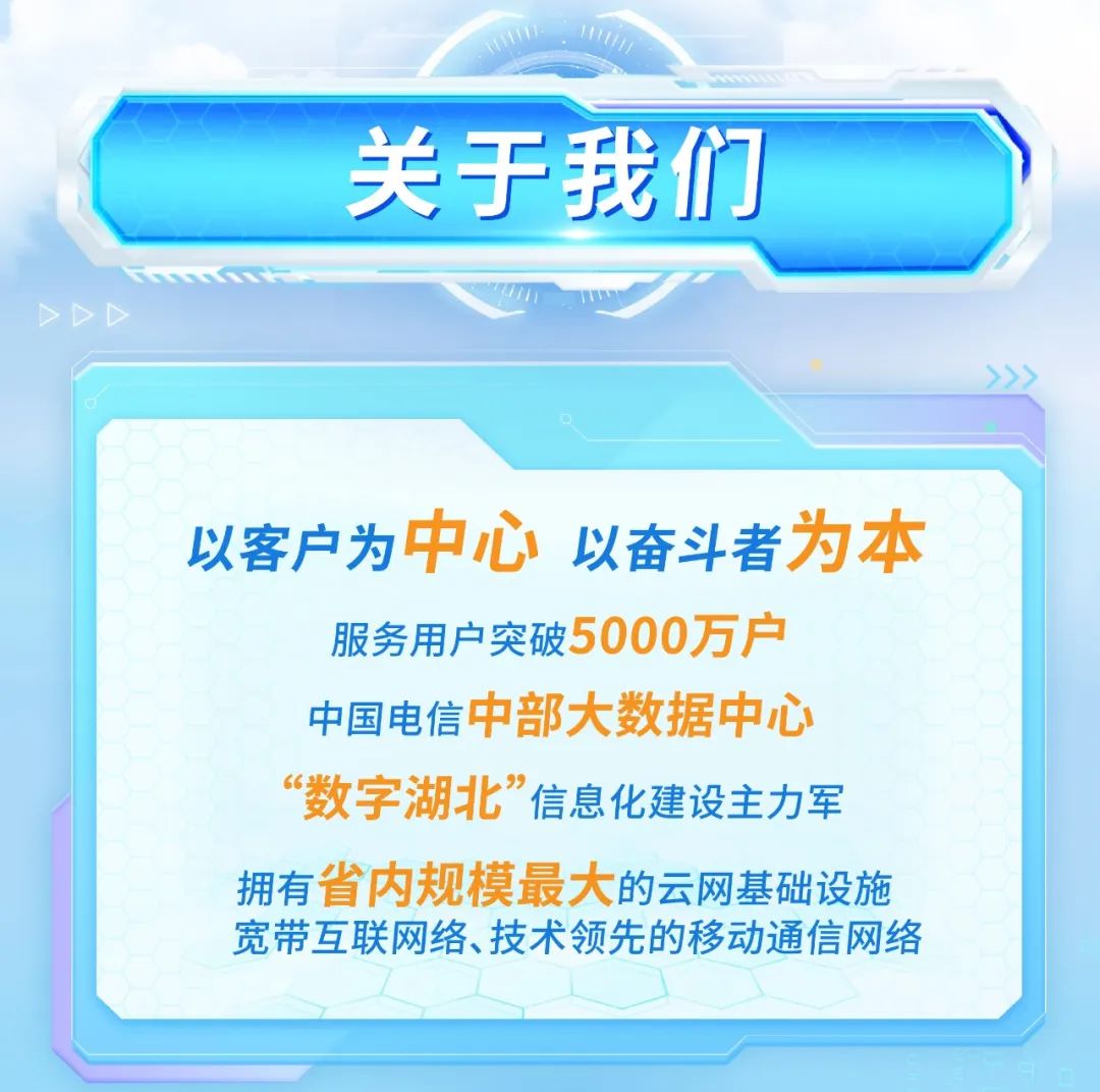 
<table>
<tr><td>关于我们</td>
</tr>
<tr><td></td>
</tr>
<tr><td>以客户为中心以奋斗者为本服务用户突破5000万户中国电信中部大数据中心“数字湖北”信息化建设主力军拥有省内规模最大的云网基础设施宽带互联网络、技术领先的移动通信网络</td>
</tr>
</table>
