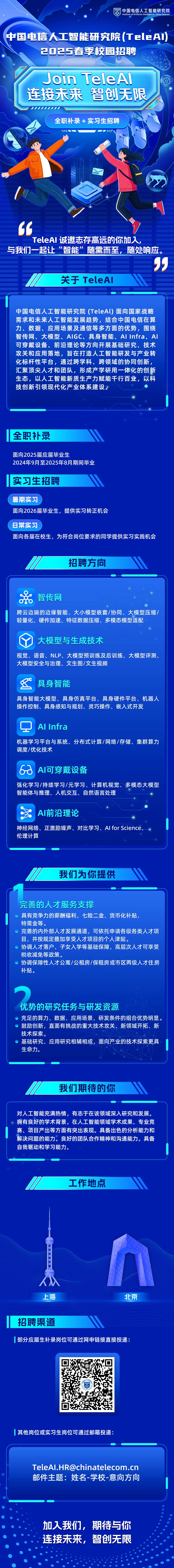 <p>中国电信人工智能研究院<br/>Institute of Artificial Intelligence,China Telecon</p>
<p>中国电信人工智能研究院(TeleA)</p>
<p>2025春季校园招聘</p>
<p>Join TeleAl<br/>连接未来 智创无限</p>
<p>全职补录+实习生招聘</p>
<p>offe</p>
<p>TeleAI诚邀志存高远的你加入，</p>
<p>与我们一起让&ldquo;智能&rdquo;随需而至，随处响应。</p>
<p>关于TeleAl</p>
<p>中国电信人工智能研究院(TeleAl)面向国家战略<br/>需求和未来人工智能发展趋势，结合中国电信在算<br/>力、数据、应用场景及通信等多方面的优势，围绕<br/>智传网、大模型、AIGC、具身智能、AIInfra、Al<br/>可穿戴设备、前沿理论等方向开展基础研究、技术<br/>攻关和应用落地，旨在打造人工智能研发与产业转<br/>化标杆性平台，通过跨学科、跨领域的协同创新，<br/>汇聚顶尖人才和团队，形成产学研用一体化的创新<br/>生态，以人工智能新质生产力赋能千行百业，以科<br/>技创新引领现代化产业体系建设。</p>
<p>全职补录</p>
<p>面向2025届应届毕业生</p>
<p>2024年9月至2025年8月期间毕业</p>
<p>实习生招聘</p>
<p>暑期实习</p>
<p>面向2026届毕业生，提供实习转正机会</p>
<p>8常实习</p>
<p>面向各届在校生，为符合岗位要求的同学提供实习实践机会</p>
<p>招聘方向</p>
<p>智传网</p>
<p>跨云边端的边缘智能、大小模型嵌套/协同、大模型压缩/<br/>轻量化、硬件加速、特征数据压缩、多模态模型适配</p>
<p>大模型与生成技术</p>
<p>视觉、语音、NLP、大模型预训练及后训练、大模型评测.<br/>大模型安全与治理、文生图/文生视频</p>
<p>具身智能</p>
<p>具身智能大模型、具身仿真平台、具身硬件平台、机器人<br/>操作控制、具身感知与规划、灵巧操作、嵌入式开发</p>
<p>Al Infra</p>
<p>机器学习平台与系统、分布式计算/网/存储、集群算力<br/>调度/优化技术</p>
<p>60</p>
<p>AI可穿戴设备</p>
<p>强化学习/持续学习/元学习、计算机视觉、多模态大模型<br/>智能体与推理、人机交互、自然语言处理</p>
<p>AI前沿理论</p>
<p>神经网络、正激励噪声、对比学习、AIforScience、<br/>伦理计算</p>
<p>我们为你提供</p>
<p>完善的人才服务支撑</p>
<p>具有竞争力的薪酬福利，七险二金、货币化补贴.</p>
<p>特需金等。</p>
<p>完善的内外部人才发展通道，可依托申请各级各类人才项<br/>目，并按规定叠加享受人才项目的个人津贴。</p>
<p>协调人才落户、子女入学等基础保障，高层次人才可享受<br/>税收减免等政策。</p>
<p>协调保障性人才公寓/公租房/保租房或市区两级人才住房<br/>补贴。</p>
<p>优势的研究任务与研发资源</p>
<p>充足的算力、数据、应用场景，研发条件的组合优势明显。<br/>鼓励创新，直面有挑战的重大技术攻关、新领域开拓、新<br/>技术探索。</p>
<p>基础研究、应用研究相辅相成，面向产业的技术探索更具<br/>生命力。</p>
<p>我们期待的你</p>
<p>对人工智能充满热情，有志于在该领域深入研究和发展。<br/>拥有良好的学术背景，在人工智能领域学术成果、专业竞<br/>赛、项目产出等方面有突出表现。具备出色的分析能力和<br/>解决问题的能力。良好的团队合作精神和沟通能力。具备<br/>自我驱动和学习能力。</p>
<p>工作地点</p>
<p>上海</p>
<p>北京</p>
<p>招聘渠道</p>
<p>部分应届生补录岗位可通过网中链接直接投递:</p>
<p>|其他岗位或实习生岗位可通过邮箱投递:</p>
<p>****<br/>邮件主题:姓名-学校-意向方向</p>
<p>加入我们，<br/>期待与你<br/>连接未来，智创无限</p>
