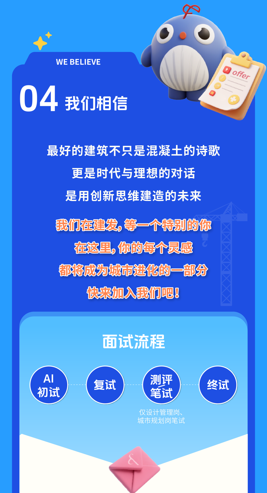 <p>WE BELIEVE</p>
<p>offer</p>
<p>04</p>
<p>我们相信</p>
<p>最好的建筑不只是混凝土的诗歌</p>
<p>更是时代与理想的对话</p>
<p>是用创新思维建造的未来</p>
<p>我们在建发,等一个特别的你</p>
<p>在这里,你的每个灵感</p>
<p>都将成为城市进化的一部分</p>
<p>快来加入我们吧!</p>
<p>面试流程</p>
<p>AI</p>
<p>测评</p>
<p>复试</p>
<p>终试</p>
<p>初试</p>
<p>笔试</p>
<p>仅设计管理岗、</p>
<p>城市规划岗笔试</p>
