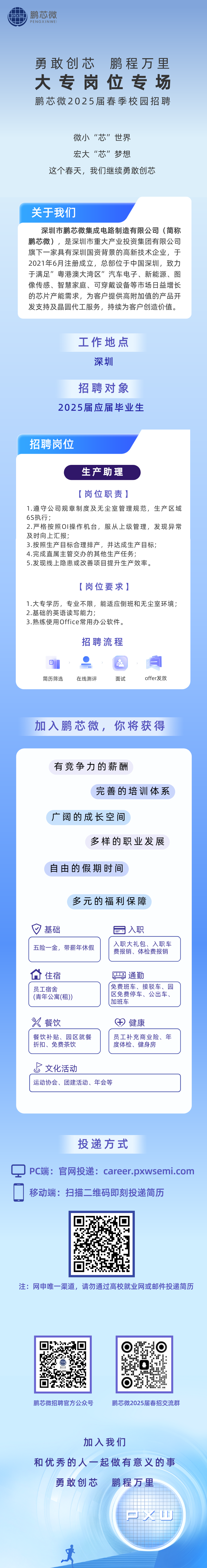 <p>PENGXINWEI</p>
<p>勇敢创芯鹏程万里</p>
<p>大专岗位专场</p>
<p>鹏芯微2025届春季校园招聘</p>
<p>微小&ldquo;芯"世界</p>
<p>宏大&ldquo;芯"梦想</p>
<p>这个春天,我们继续勇敢创芯</p>
<p>关于我们</p>
<p>深圳市鹏芯微集成电路制造有限公司(简称</p>
<p>鹏芯微) ,是深圳市重大产业投资集团有限公司</p>
<p>旗下一家具有深圳国资背景的高新技术企业,于</p>
<p>2021年6月注册成立,总部位于中国深圳,致力</p>
<p>于满足&rdquo;粤港澳大湾区&rdquo;汽车电子、新能源、图</p>
<p>像传感、智慧家庭、可穿戴设备等市场日益增长</p>
<p>的芯片产能需求,为客户提供高附加值的产品开</p>
<p>发支持及晶圆代工服务,持续为客户创造价值。</p>
<p>工作地点</p>
<p>深圳</p>
<p>招聘对象</p>
<p>2025届应届毕业生</p>
<p>招聘岗位</p>
<p>生产助理</p>
<p>[岗位职责]</p>
<p>1.遵守公司规章制度及无尘室管理规范,生产区域</p>
<p>2.严格按照0I操作机台,服从上级管理,发现异常</p>
<p>及时向上汇报;</p>
<p>3.按照生产目标合理排产,并达成生产目标;</p>
<p>4.完成直属主管交办的其他生产任务;</p>
<p>5.发现线_上隐患或改善项目提升生产效率。</p>
<p>[岗位要求]</p>
<p>1.大专学历,专业不限,能适应倒班和无尘室环境;</p>
<p>2.基础的英语读写能力;</p>
<p>3.熟练使用Office常用办公软件。</p>
<p>招聘流程</p>
<p>助 ,2向</p>
<p>简历筛选在线测评面试offer发放</p>
<p>投递方式</p>
<p>移动端:扫描二维码即刻投递简历</p>
<p>o</p>
<p>0力温</p>
<p>鹏芯微招聘官方公众号鹏芯微2025届春招交流群</p>
<p>加入我们</p>
<p>和优秀的人一起做有意义的事</p>
<p>勇敢创芯鹏程万里</p>
<p>F生山</p>
<p>李</p>

<table>
<tr><td colspan="2"></td>
</tr>
<tr><td colspan="2">加入鹏芯微,你将获得</td>
</tr>
<tr><td colspan="2">有竞争力的薪酬完善的培训体系广阔的成长空间多样的职业发展自由的假期时间多元的福利保障基础 园入职</td>
</tr>
<tr><td>五险一金,带薪年休假</td>
<td>入职大礼包、入职车费报销、体检费报销</td>
</tr>
<tr><td colspan="2">住宿 通勤员工宿舍 免费班车、接驳车、园 区免费停车、公出车、(青年公寓(租))I 加班车%餐饮 fF健康餐饮补贴、园区就餐 员工补充商业险、年折扣、免费茶饮 度体检、健身房上文化活动运动协会、 团建活动、年会等</td>
</tr>
<tr><td colspan="2"></td>
</tr>
</table>
