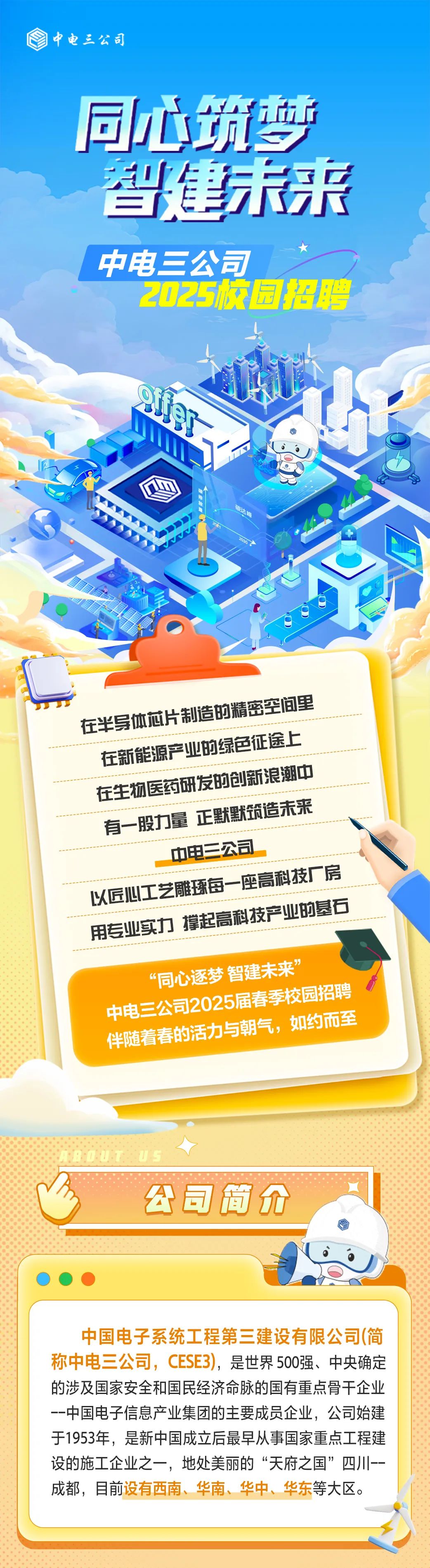 <p>中电三公司</p>
<p>同心筑梦<br/>智建未来<br/>中电三公司</p>
<p>2025校园招聘</p>
<p>N</p>
<p>经求赵</p>
<p>在半导体芯片制造的精密空间里<br/>在新能源产业的绿色征途上<br/>在生物医药研发的创新浪潮中<br/>有一股力量 正默默筑造未来<br/>中电三公司</p>
<p>以匠心工艺雕琢每一座高科技厂房<br/>用专业实力撑起高科技产业的基石</p>
<p>“同心逐梦智建未来”<br/>中电三公司2025届春季校园招聘<br/>伴随着春的活力与朝气，如约而至</p>
<p>公司简介</p>
<p>中国电子系统工程第三建设有限公司(简<br/>称中电三公司，CESE3)，是世界500强、中央确定<br/>的涉及国家安全和国民经济命脉的国有重点骨干企业<br/>--中国电子信息产业集团的主要成员企业，公司始建<br/>于1953年，是新中国成立后最早从事国家重点工程建<br/>设的施工企业之一，地处美丽的“天府之国”四川--<br/>成都，目前设有西南、华南、华中、华东等大区。</p>
