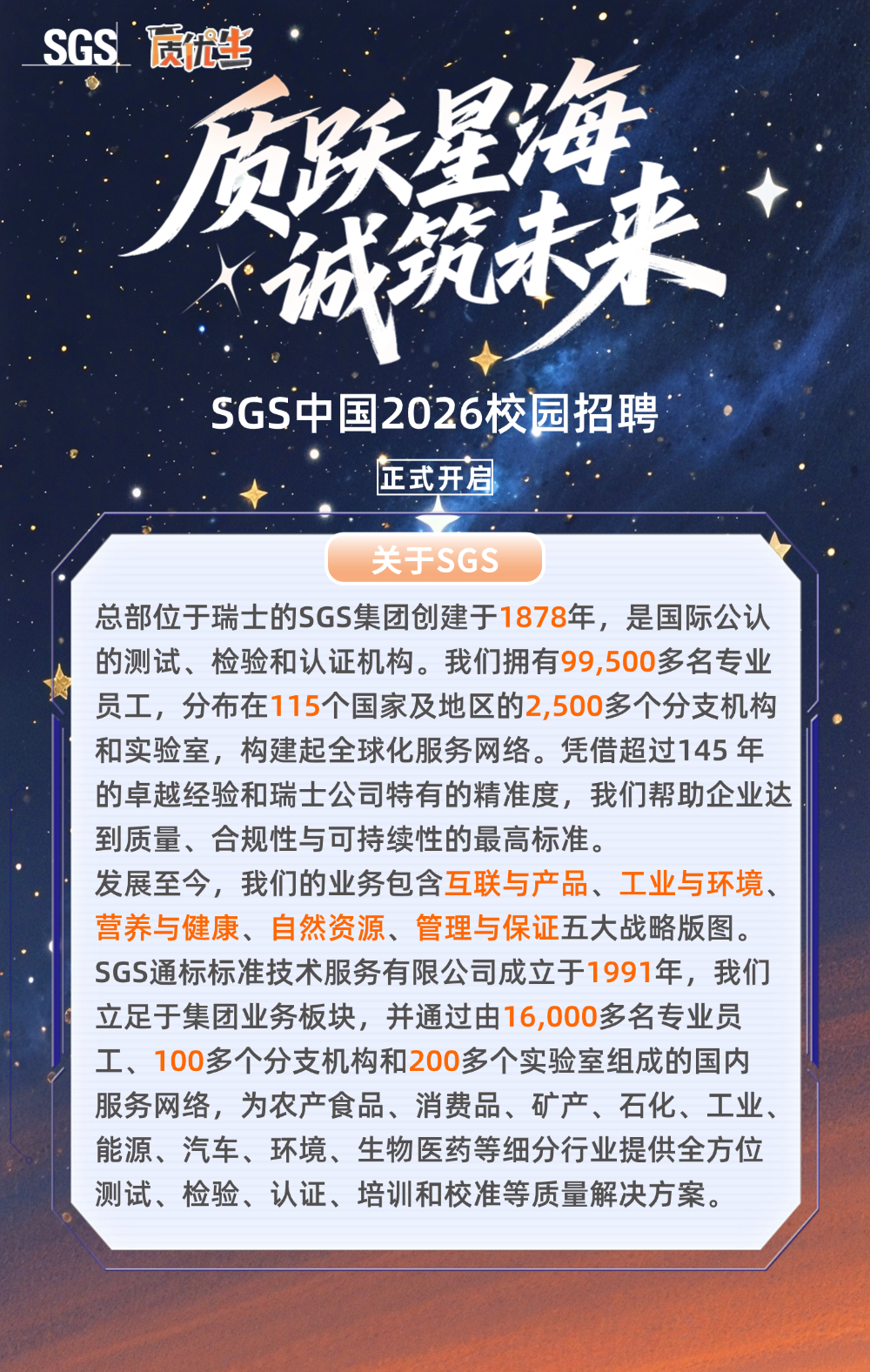 <p>SGS 质优生</p>
<p>质跃星海</p>
<p>诚筑味来</p>
<p>SGS中国2026校园招聘</p>
<p>正式开启</p>
<p>关于SGS</p>
<p>总部位于瑞士的SGS集团创建于1878年，是国际公认</p>
<p>的测试、检验和认证机构。我们拥有99,500多名专业</p>
<p>员工，分布在115个国家及地区的2,500多个分支机构</p>
<p>和实验室,构建起全球化服务网络。凭借超过145年</p>
<p>的卓越经验和瑞士公司特有的精准度，我们帮助企业达</p>
<p>到质量、合规性与可持续性的最高标准。</p>
<p>发展至今，我们的业务包含互联与产品、工业与环境、</p>
<p>营养与健康、自然资源、管理与保证五大战略版图。</p>
<p>SGS通标标准技术服务有限公司成立于1991年，我们</p>
<p>立足于集团业务板块，并通过由16,000多名专业员</p>
<p>工、100多个分支机构和200多个实验室组成的国内</p>
<p>服务网络，为农产食品、消费品、矿产、石化、工业、</p>
<p>能源、汽车、环境、生物医药等细分行业提供全方位</p>
<p>测试、检验、认证、培训和校准等质量解决方案。</p>
