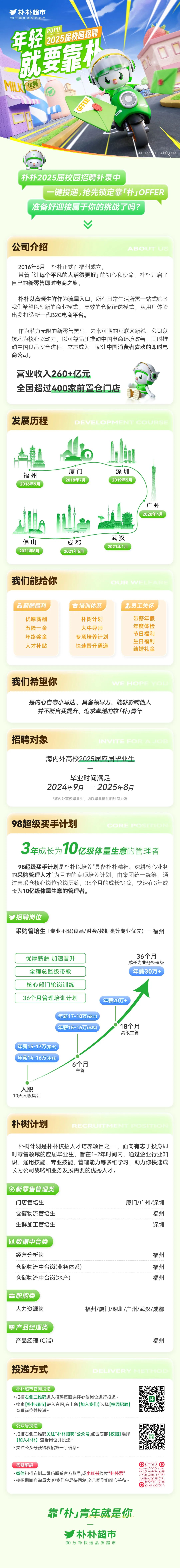 <p>朴朴超市</p>
<p>30分钟快送品质超市</p>
<p>年轻</p>
<p>PUPU</p>
<p>2025届校园招聘</p>
<p>就要靠松<br/>MIIK<br/>优赐</p>
<p>OFFER</p>
<p>本图片仅</p>
<p>行车请遵守交通规则</p>
<p>朴朴2025届校园招聘补录中</p>
<p>键投递,抢先锁定靠「朴」OFFER<br/>准备好迎接属于你的挑战了吗?</p>
<p>公司介绍</p>
<p>AB0</p>
<p>0</p>
<p>2016年6月，朴朴正式在福州成立。</p>
<p>带着「让每个平凡的人活得更好」的初心和使命，朴朴开启了<br/>自己的新零售即时电商之旅。</p>
<p>朴朴以高频生鲜作为流量入口，所有日常生活所需一站式购齐<br/>我们希望以创新的商业模式，高效的仓储配送模式，从用户体验<br/>出发打造新一代B2C电商平台。</p>
<p>作为潜力无限的新零售黑马，未来可期的互联网新锐，公司以<br/>技术为核心驱动力，以可靠品质推动中国电商环境改善，同时推<br/>动中国食品安全进程，立志成为一家让中国消费者喜欢的即时电<br/>商公司。</p>
<p>营业收入260+亿元</p>
<p>全国超过400家前置仓门店</p>
<p>发展历程</p>
<p>DEVELOPMENT COURS</p>
<p>福州<br/>2016年9月</p>
<p>厦门<br/>2018年7月</p>
<p>深圳<br/>2019年5月</p>
<p>广州<br/>2020年4月</p>
<p>佛山<br/>2021年8月</p>
<p>成都<br/>2021年5月</p>
<p>武汉<br/>2021年1月</p>
<p>我们能给你</p>
<p>OUR WFF</p>
<p>￥薪酬福利</p>
<p>培训体系</p>
<p>员工关怀</p>
<p>优厚薪酬<br/>五险一金<br/>年终奖金<br/>人才补贴</p>
<p>朴树计划<br/>大牛导师<br/>专项培养计划<br/>快速晋升通道</p>
<p>带薪年假<br/>年度体检<br/>节日福利<br/>生日福利<br/>结婚礼金</p>
<p>我们希望你</p>
<p>NE</p>
<p>是内心自带小马达、具备领导力、能够影响他人</p>
<p>并不断自我提升、追求卓越的靠「朴」青年</p>
<p>招聘对象</p>
<p>海内外高校2025届应届毕业生</p>
<p>毕业时间满足</p>
<p>2024年9月一2025年8月</p>
<p>*海内外高校毕业生，均以毕业证注明时间为准</p>
<p>98超级买手计划</p>
<p> </p>
<p>3年成长为70亿级体量生意的管理者</p>
<p>98超级买手计划是朴朴以培养&ldquo;具备朴朴精神、深耕核心业务<br/>的采购管理人才&rdquo;为目的的专项培养计划。由集团统一统筹，通<br/>过营采仓核心岗位轮岗历练，36个月的成长挑战，快速在3年成<br/>长为10亿级体量生意的管理者。</p>
<p>招聘岗位</p>
<p>采购管培生|专业不限(食品/财会/数据类等专业优先)----福州</p>
<p>优厚薪酬 加速晋升<br/>全程总监级带教</p>
<p>36个月<br/>成长为业务经理级<br/>年薪30万+</p>
<p>核心部门轮岗训练</p>
<p>36个月管理培训计划</p>
<p>年薪20万+</p>
<p>年薪17-18万(硕士<br/>年薪15-16万(本科)</p>
<p>18个月<br/>高级主管</p>
<p>年薪15-17万(硕士)<br/>年薪14-16万(本科)</p>
<p>6个月</p>
<p>主管</p>
<p>入职<br/>10天入职集训</p>
<p>朴树计划</p>
<p>RECRUT</p>
<p>朴树计划是朴朴校招人才培养项目之一，面向有志于投身即<br/>时零售领域的应届毕业生，旨在1-2年时间内，通过企业行业知<br/>识、通用技能、专业技能、管理能力等多维学习，助力你快速成<br/>长为公司战略和业务发展需要的优秀人才。</p>
<p>新零售管理类</p>
<p>门店管培生</p>
<p>仓储物流管培生<br/>生鲜加工管培生</p>
<p>厦门/广州/深圳</p>
<p>福州</p>
<p>深圳</p>
<p>数据中台类</p>
<p>经营分析岗</p>
<p>仓储物流中台岗(业务体系)<br/>仓储物流中台岗(水产)</p>
<p>福州</p>
<p>福州</p>
<p>福州</p>
<p>职能类</p>
<p>人力资源岗</p>
<p>福州/厦门/深圳/广州/武汉/成都</p>
<p>产品经理类</p>
<p>产品经理(C端)</p>
<p>福州</p>
<p>投递方式</p>
<p>朴朴超市官网投递</p>
<p>●扫描右侧二维码进入招聘页面选择心仪岗位进行投递~</p>
<p>●搜索[朴朴超市]进入官网,右上角[加入我们]选择[校园招聘)<br/>查看岗位并投递~</p>
<p>朴</p>
<p>公众号投递</p>
<p>扫描右侧二维码关注&ldquo;朴朴招聘&rdquo;公众号,点击底部[校招]选择<br/>[加入朴朴]查看岗位并投递~</p>
<p>●关注公众号获得秋招第一手信息~</p>
<p>答疑解惑</p>
<p>。微信扫描右侧二维码联系官方账号,或小红书搜索&ldquo;朴朴君&rdquo;<br/>.校招期间咨询量大,但我们会尽快回复,辛苦同学们耐心等待~</p>
<p>票</p>
<p>靠「朴」青年就是你</p>
<p>朴朴超市<br/>30分钟快送品质超市</p>
