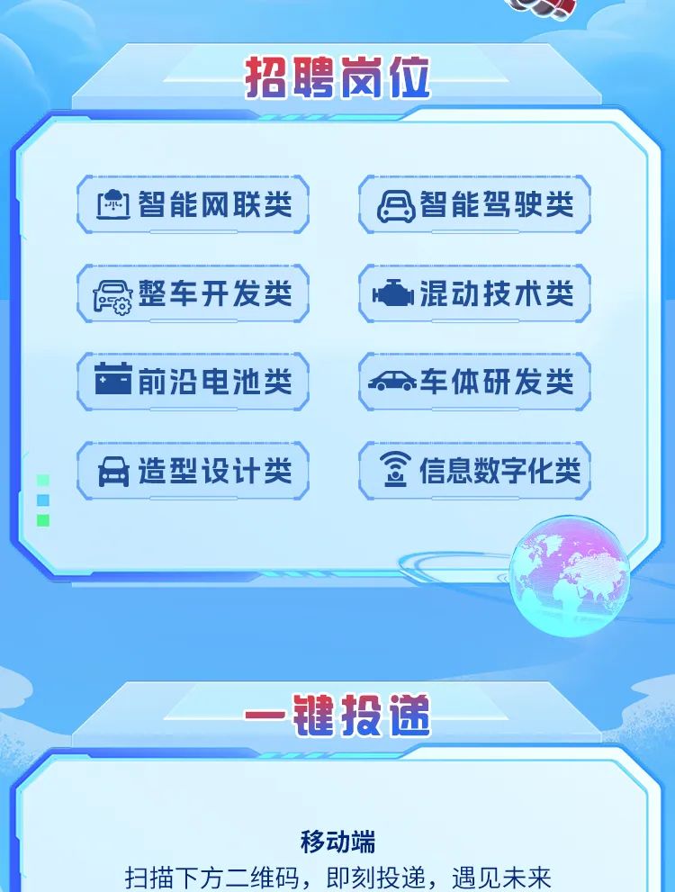 <p>招聘岗位</p>

<table>
<tr><td>四智能网联类</td>
<td>日智能驾驶类</td>
</tr>
<tr><td></td>
<td></td>
</tr>
<tr><td>晶整车开发类</td>
<td>混动技术类</td>
</tr>
<tr><td></td>
<td></td>
</tr>
<tr><td>茵前沿电池类</td>
<td>公车体研发类</td>
</tr>
<tr><td></td>
<td></td>
</tr>
<tr><td>同造型设计类</td>
<td>宣信息数字化类</td>
</tr>
<tr><td colspan="2">-键投递</td>
</tr>
<tr><td colspan="2">移动端扫描下方二维码,即刻投递,遇见未来</td>
</tr>
</table>
