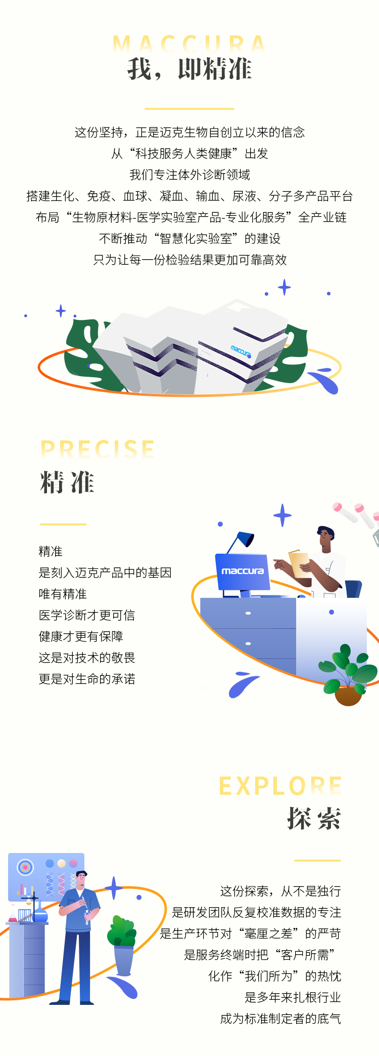 <p>MACCIPA</p>
<p>我,即精准</p>
<p>这份坚持，正是迈克生物自创立以来的信念</p>
<p>从&ldquo;科技服务人类健康&rdquo;出发</p>
<p>我们专注体外诊断领域</p>
<p>搭建生化、免疫、血球、凝血、输血、尿液、分子多产品平台</p>
<p>布局&ldquo;生物原材料医学实验室产品-专业化服务&rdquo;全产业链</p>
<p>不断推动&ldquo;智慧化实验室&rdquo;的建设</p>
<p>只为让每一份检验结果更加可靠高效</p>
<p>PRECISE</p>
<p>柠准</p>
<p>精准</p>
<p>是刻入迈克产品中的基因</p>
<p>maccura</p>
<p>唯有精准</p>
<p>医学诊断才更可信</p>
<p>健康才更有保障</p>
<p>这是对技术的敬畏</p>
<p>更是对生命的承诺</p>
<p>EXPLORE</p>
<p>探索</p>
<p>这份探索，从不是独行</p>
<p>是研发团队反复校准数据的专注</p>
<p>是生产环节对&ldquo;毫厘之差&rdquo;的严苛</p>
<p>是服务终端时把&ldquo;客户所需&rdquo;</p>
<p>化作&ldquo;我们所为&rdquo;的热忱</p>
<p>是多年来扎根行业</p>
<p>成为标准制定者的底气</p>
