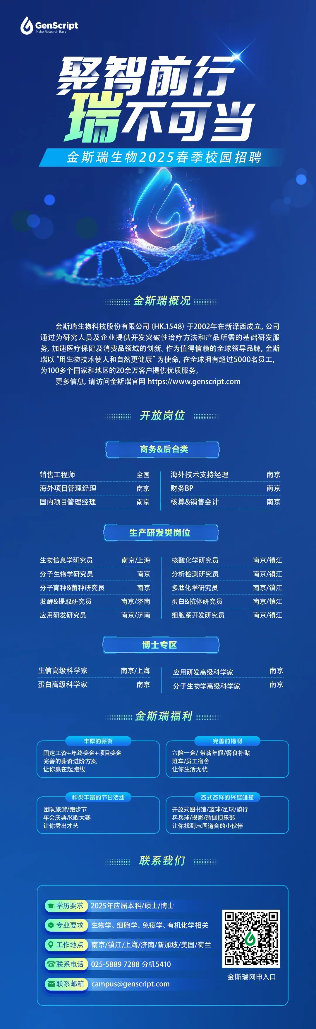 <p> <br/>GenScript</p>
<p>Make Research Easy</p>
<p> <br/>金斯瑞生物2025春季校园招聘</p>
<p>金斯瑞概况</p>
<p>金斯瑞生物科技股份有限公司(HK.1548)于2002年在新泽西成立,公司<br/>通过为研究人员及企业提供开发突破性治疗方法和产品所需的基础研发服<br/>务,加速医疗保健及消费品领域的创新。作为值得信赖的全球领导品牌,金斯<br/>瑞以“用生物技术使人和自然更健康”为使命,在全球拥有超过5000名员工,<br/>为100多个国家和地区的20余万客户提供优质服务。</p>
<p>更多信息，请访问金斯瑞官网 https://www.genscript.com</p>
<p>开放岗位</p>
<p>商务&后台类</p>
<p>销售工程师</p>
<p>海外项目管理经理<br/>国内项目管理经理</p>
<p>全国</p>
<p>南京</p>
<p>南京</p>
<p>海外技术支持经理<br/>财务BP</p>
<p>核算&销售会计</p>
<p>南京</p>
<p>南京</p>
<p>南京</p>
<p>生产研发类岗位</p>
<p>生物信息学研究员<br/>分子生物学研究员<br/>分子育种&菌种研究员<br/>发酵&提取研究员</p>
<p>应用研发研究员</p>
<p>南京/上海</p>
<p>南京</p>
<p>南京<br/>南京/济南<br/>南京/济南</p>
<p>核酸化学研究员<br/>分析检测研究员<br/>多肽化学研究员<br/>蛋白&抗体研究员<br/>细胞系开发研究员</p>
<p>南京/镇江<br/>南京/镇江<br/>南京/镇江<br/>南京/镇江<br/>南京/镇江</p>
<p>博士专区</p>
<p>生信高级科学家<br/>蛋白高级科学家</p>
<p>南京/上海</p>
<p>南京</p>
<p>应用研发高级科学家<br/>分子生物学高级科学家</p>
<p>南京</p>
<p>南京</p>
<p>金斯瑞福利</p>
<p>丰厚的薪资</p>
<p>固定工资+年终奖金+项目奖金<br/>完善的薪资进阶方案</p>
<p>让你赢在起跑线</p>
<p>完善的福利</p>
<p>六险一金/ 带薪年假/餐食补贴<br/>班车/员工宿舍</p>
<p>让你生活无忧</p>
<p>种类丰富的节日活动</p>
<p>团队旅游/跑步节</p>
<p>年会庆典/K歌大赛</p>
<p>让你秀出才艺</p>
<p>各式各样的兴趣碰撞</p>
<p>开放式图书馆/篮球/足球/骑行<br/>乒兵球/摄影/瑜伽俱乐部</p>
<p>让你找到志同道合的小伙伴</p>
<p>联系我们</p>
<p>学历要求2025年应届本科/硕士/博士</p>
<p>专业要求生物学、细胞学、免疫学、有机化学相关</p>
<p>工作地点南京/镇江/上海/济南/新加坡/美国/荷兰</p>
<p>联系电话025-58897288分机5410<br/>联系邮箱<br/>****</p>
<p>金斯瑞网申入口</p>
