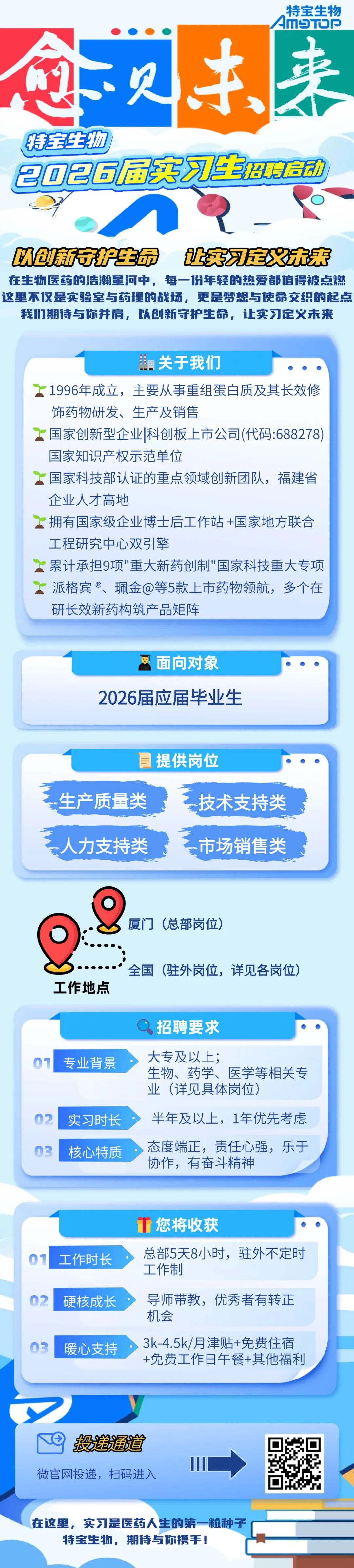 <p>特宝生物<br/>4mStoP</p>
<p>您贝来<br/>特宝生物</p>
<p>2026届实习生8动</p>
<p>以创新护生命让实习定未来<br/>在生物医药的浩瀚星河中，每一份年轻的热爱都值得被点燃<br/>这里不仅是实验室与药理的战场，更是梦想与使命交织的起点</p>
<p>我们期待与你并肩，以创新守护生命，让实习定义未来</p>
<p>关于我们</p>
<p>1996年成立，主要从事重组蛋白质及其长效修<br/>饰药物研发、生产及销售</p>
<p>国家创新型企业科创板上市公司(代码:688278)<br/>国家知识产权示范单位</p>
<p>国家科技部认证的重点领域创新团队，福建省<br/>企业人才高地</p>
<p>拥有国家级企业博士后工作站+国家地方联合<br/>工程研究中心双引擎</p>
<p>累计承担9项"重大新药创制"国家科技重大专项<br/>派格宾@、珮金@等5款上市药物领航，多个在<br/>研长效新药构筑产品矩阵</p>
<p>面向对象</p>
<p>2026届应届毕业生</p>
<p>提供岗位</p>
<p>生产质量类</p>
<p>技术支持类</p>
<p>人力支持类</p>
<p>市场销售类</p>
<p>厦门(总部岗位)</p>
<p>工作地点</p>
<p>全国<br/>(驻外岗位，详见各岗位)</p>
<p>07</p>
<p>专业背景</p>
<p>02</p>
<p>03</p>
<p>实习时长<br/>核心特质</p>
<p>招聘要求</p>
<p>大专及以上;</p>
<p>生物、药学、医学等相关专<br/>业(详见具体岗位)</p>
<p>半年及以上，1年优先考虑<br/>态度端正，责任心强，乐于<br/>协作，有奋斗精神</p>
<p>0</p>
<p>工作时长</p>
<p>02</p>
<p>硬核成长</p>
<p>03</p>
<p>暖心支持</p>
<p>您将收获</p>
<p>总部5天8小时，驻外不定时<br/>工作制</p>
<p>导师带教，优秀者有转正<br/>机会</p>
<p>3k-4.5k/月津贴+免费住宿<br/>+免费工作日午餐+其他福利</p>
<p>投送通道<br/>微官网投递，扫码进入</p>
<p>在这里，实习是医药人生的第一粒种子<br/>特宝生物，期待与你携手!</p>
