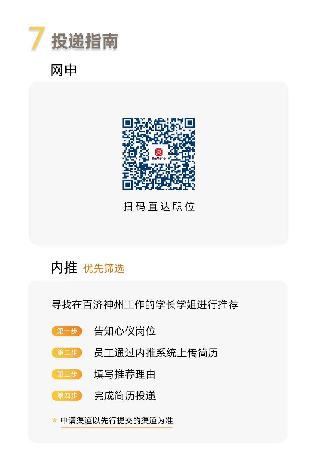 <p>投递指南<br/>网申</p>
<p>BeiGe</p>
<p>扫码直达职位</p>
<p>内推优先筛选</p>
<p>寻找在百济神州工作的学长学姐进行推荐</p>
<p>第一步</p>
<p>第二步</p>
<p>第三步<br/>第四步</p>
<p>告知心仪岗位</p>
<p>员工通过内推系统上传简历<br/>填写推荐理由</p>
<p>完成简历投递</p>
<p>申请渠道以先行提交的渠道为准</p>
