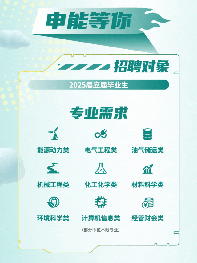 <p>申能等你</p>
<p>招聘对象</p>
<p>2025届应届毕业生</p>
<p>专业需求</p>
<p>能源动力类</p>
<p>电气工程类</p>
<p>油气储运类</p>
<p>机械工程类</p>
<p>化工化学类</p>
<p>材料科学类</p>
<p>环境科学类</p>
<p>计算机信息类<br/>(部分职位不限专业)</p>
<p>经管财会类</p>
