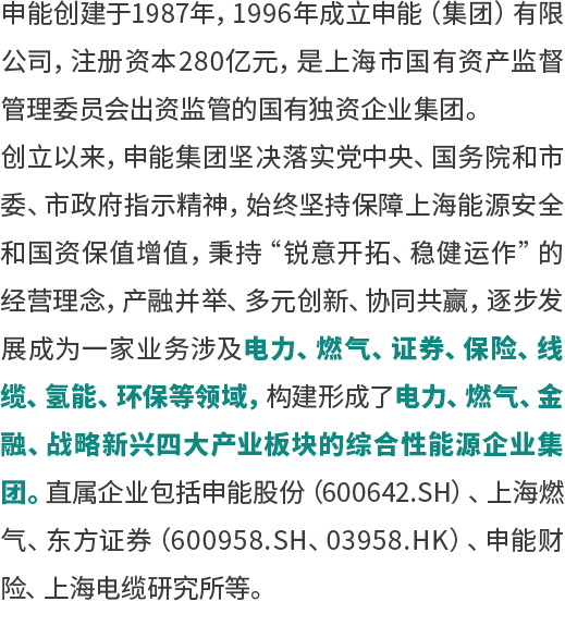 <p>申能创建于1987年,1996年成立申能(集团)有限<br/>公司,注册资本280亿元，是上海市国有资产监督<br/>管理委员会出资监管的国有独资企业集团。</p>
<p>创立以来,申能集团坚决落实党中央、国务院和市<br/>委、市政府指示精神，始终坚持保障上海能源安全<br/>和国资保值增值,秉持&ldquo;锐意开拓、稳健运作&rdquo;的<br/>经营理念,产融并举、多元创新、协同共赢，逐步发<br/>展成为一家业务涉及电力、燃气、证券、保险、线<br/>缆、氢能、环保等领域，构建形成了电力、燃气、金<br/>融、战略新兴四大产业板块的综合性能源企业集<br/>团。直属企业包括申能股份(600642.SH)、上海燃<br/>气、东方证券(600958.SH、03958.HK)、申能财<br/>险、上海电缆研究所等。</p>
