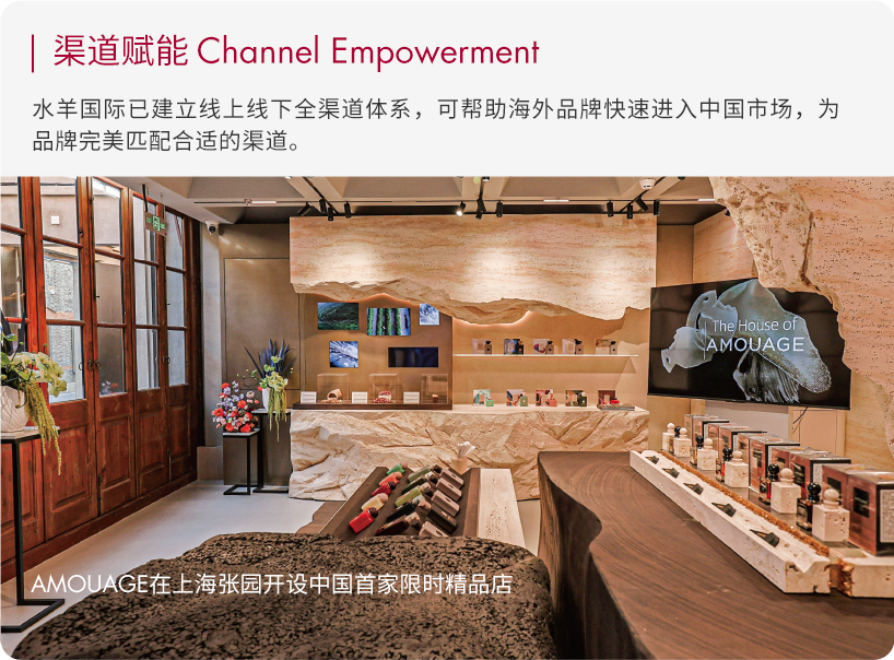 <p> 渠道赋能Channel Empowerment</p>
<p>水羊国际已建立线上线下全渠道体系,可帮助海外品牌快速进入中国市场,为</p>
<p>品牌完美匹配合适的渠道。</p>
<p>ATheHouse of</p>
<p>U店CAMOUAGE</p>
<p>九酒是</p>
<p>AMOUAGE在上海张园开设中国首家限时精品店</p>
