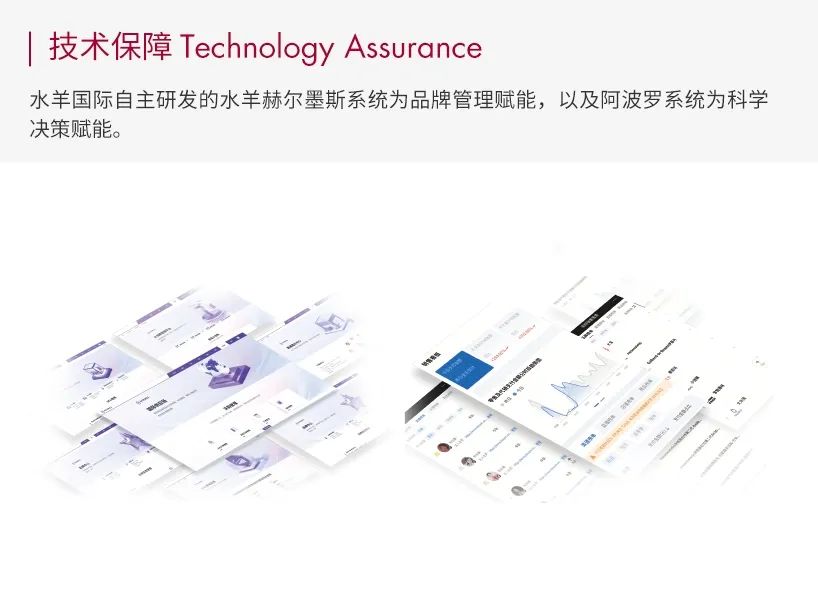 <p>技术保障Technology Assurance</p>
<p>水羊国际自主研发的水羊赫尔墨斯系统为品牌管理赋能，以及阿波罗系统为科学<br/>决策赋能。</p>
