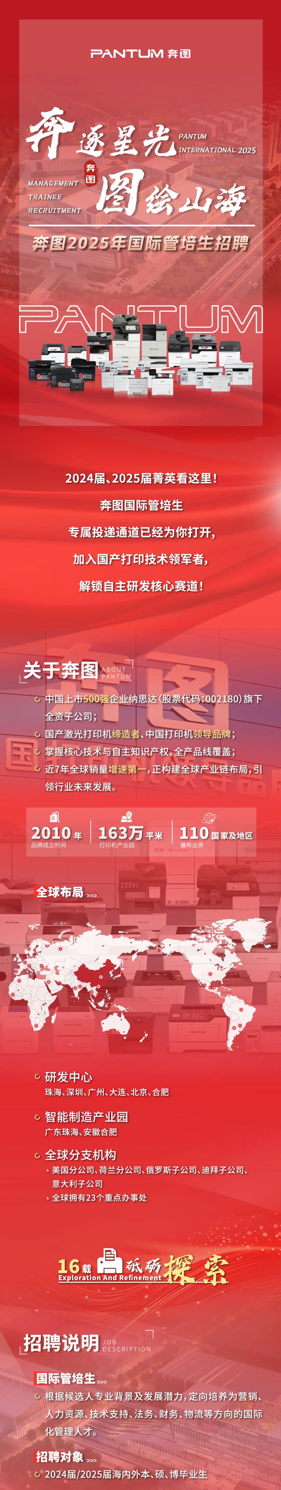 <p>PANTUM奔图</p>
<p>奔逐星光</p>
<p>PANTUM<br/>INTERNATIONAL 2025</p>
<p>图</p>
<p>MANAGEMENT</p>
<p>TRAINEE<br/>图绘山海</p>
<p>RECRUITMENT</p>
<p>奔图2025年国际管培生招聘</p>
<p>PAN</p>
<p>UM</p>
<p>2024届、2025届菁英看这里!</p>
<p>奔图国际管培生</p>
<p>专属投递通道已经为你打开，<br/>加入国产打印技术领军者，<br/>解锁自主研发核心赛道!</p>
<p>ABOUT<br/>7</p>
<p>关于奔图</p>
<p>PANTUM</p>
<p>中国上市500强企业纳思达(股票代码:002180)旗下<br/>全资子公司;</p>
<p>国产激光打印机缔造者、中国打印机领导品牌;<br/>心掌握核心技术与自主知识产权,全产品线覆盖;</p>
<p> 近7年全球销量增速第一,正构建全球产业链布局，引<br/>领行业未来发展。</p>
<p>目</p>
<p>2010年<br/>品牌成立时间</p>
<p>163万<br/>平米<br/>打印机产业园</p>
<p> </p>
<p>110国家及地区<br/>遍布业务</p>
<p>全球布局</p>
<p>研发中心</p>
<p>珠海、深圳、广州、大连、北京、合肥</p>
<p>智能制造产业园</p>
<p>广东珠海、安徽合肥</p>
<p>全球分支机构</p>
<p>美国分公司、荷兰分公司、俄罗斯子公司、迪拜子公司、<br/>意大利子公司</p>
<p>全球拥有23个重点办事处</p>
<p>16载|<br/>自<br/>抵探宗<br/>Exploration And Refinement</p>
<p>JOB</p>
<p>招聘说明<br/>DESCRIPTION</p>
<p>国际管培生</p>
<p>c 根据候选人专业背景及发展潜力，定向培养为营销、<br/>人力资源、技术支持、法务、财务、物流等方向的国际<br/>化管理人才。</p>
<p>招聘对象</p>
<p>2024届/2025届海内外本、硕、博毕业生</p>
