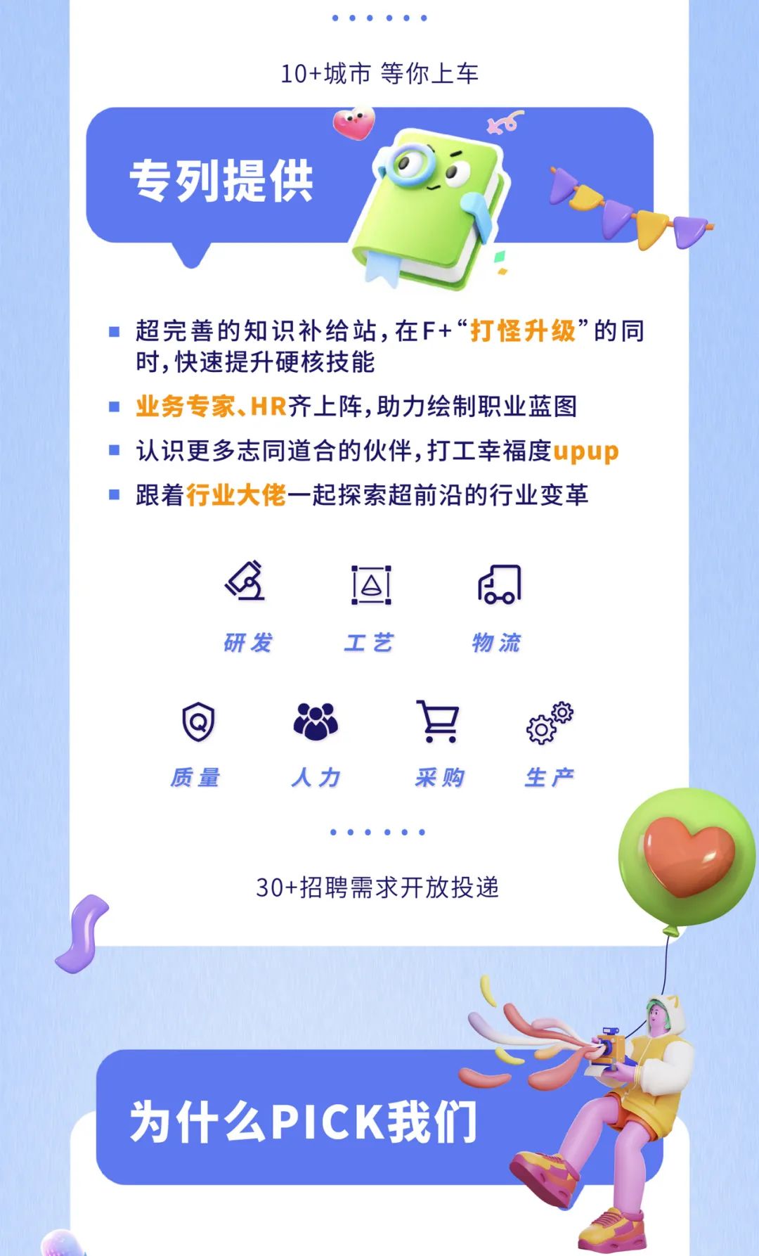 <p>10+城市等你上车</p>
<p>专列提供</p>
<p>超完善的知识补给站,在F+&ldquo;打怪升级&rdquo;的同<br/>时,快速提升硬核技能</p>
<p>业务专家、HR齐上阵,助力绘制职业蓝图<br/>■认识更多志同道合的伙伴,打工幸福度upup<br/>跟着行业大佬一起探索超前沿的行业变革</p>
<p>研发</p>
<p>工艺</p>
<p>00</p>
<p>物流</p>
<p>质量</p>
<p>力</p>
<p>吴</p>
<p>采购</p>
<p>生产</p>
<p>30+招聘需求开放投递</p>
<p>为什么PICK我们</p>
