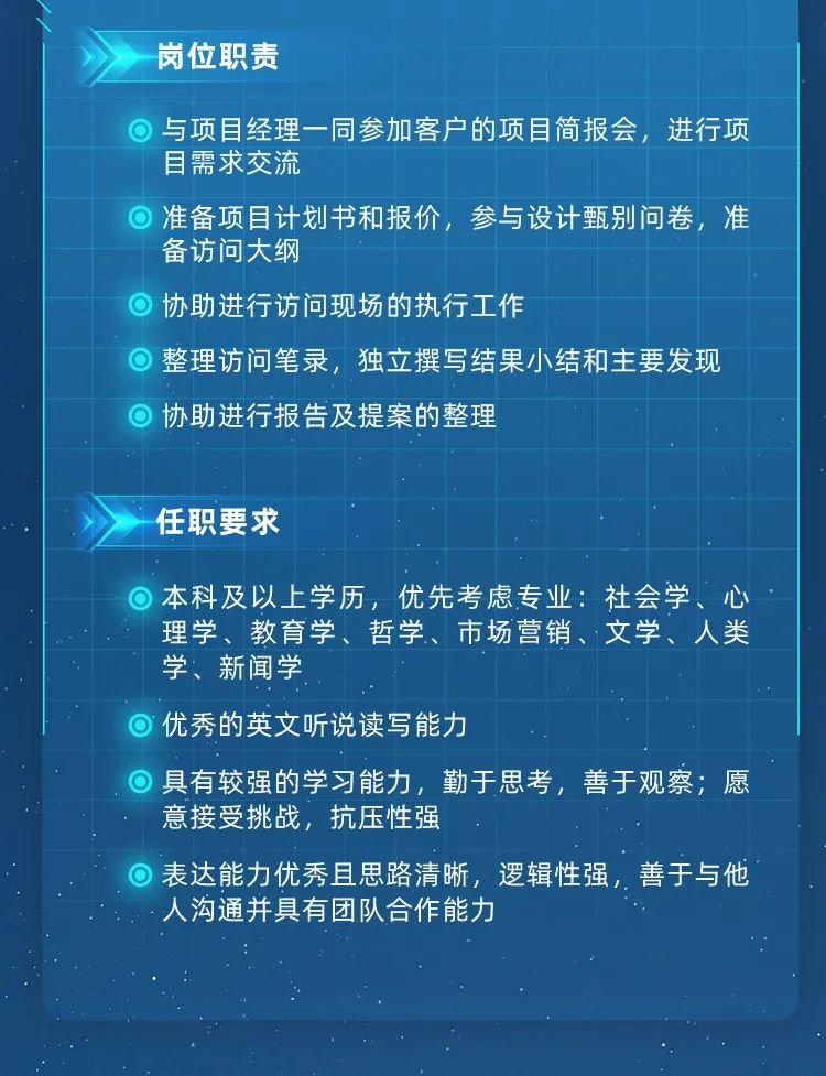 <p>岗位职责</p>
<p>与项目经理一同参加客户的项目简报会，进行项<br/>目需求交流</p>
<p>准备项目计划书和报价，参与设计甄别问卷，准<br/>备访问大纲</p>
<p>协助进行访问现场的执行工作</p>
<p>整理访问笔录，独立撰写结果小结和主要发现<br/>协助进行报告及提案的整理</p>
<p>任职要求</p>
<p>本科及以上学历，优先考虑专业:社会学、心<br/>理学、教育学、哲学、市场营销、文学、人类<br/>学、新闻学</p>
<p>优秀的英文听说读写能力</p>
<p>具有较强的学习能力，勤于思考，善于观察;愿<br/>意接受挑战，抗压性强</p>
<p>表达能力优秀且思路清晰，逻辑性强，善于与他<br/>人沟通并具有团队合作能力</p>
