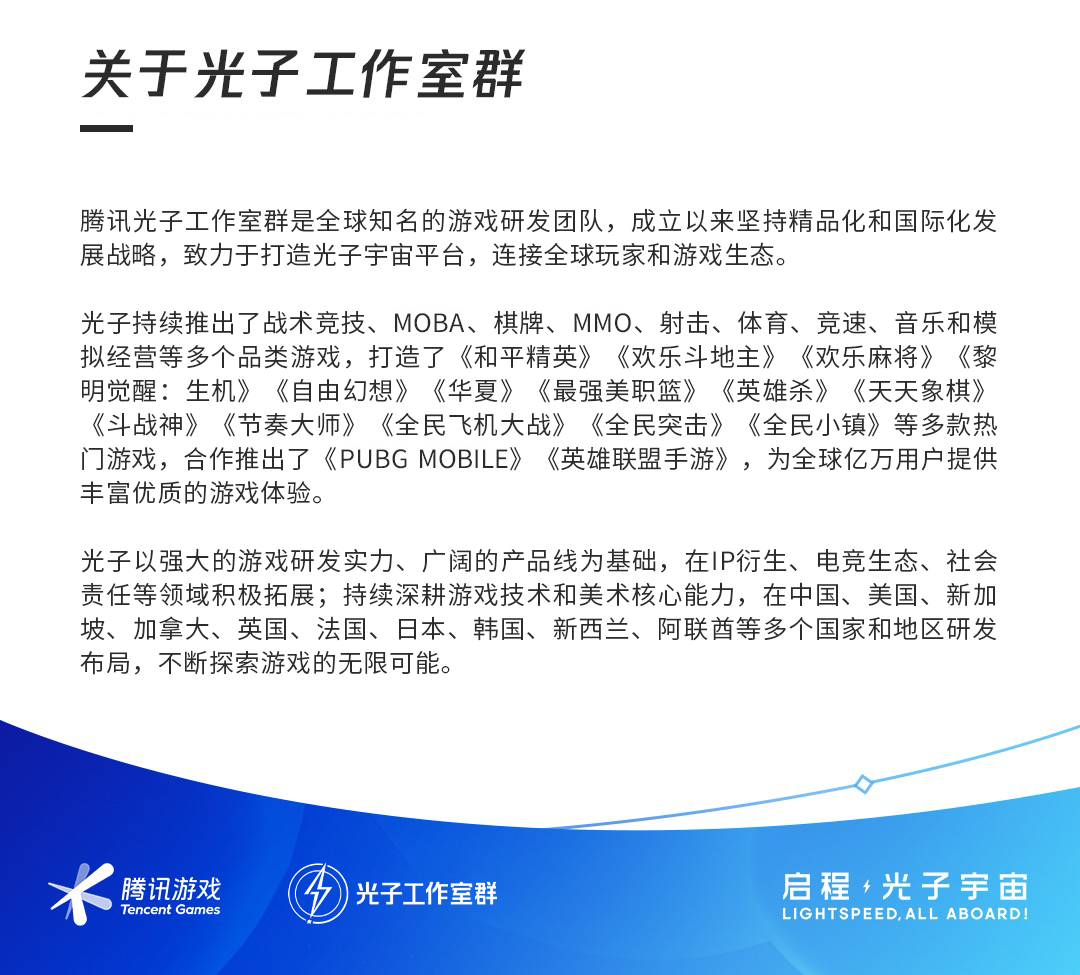 <p>关干光子工作室群</p>
<p>腾讯光子工作室群是全球知名的游戏研发团队，成立以来坚持精品化和国际化发</p>
<p>展战略，致力于打造光子宇宙平台,连接全球玩家和游戏生态。</p>
<p>光子持续推出了战术竞技、MOBA、棋牌、MMO、射击、体育、竞速、音乐和模</p>
<p>拟经营等多个品类游戏，打造了《和平精英》《欢乐斗地主》《欢乐麻将》《黎</p>
<p>明觉醒:生机》《自由幻想》《华夏》《最强美职篮》《英雄杀》《天天象棋》</p>
<p>《斗战神》《节奏大师》《全民飞机大战》《全民突击》《全民小镇》等多款热</p>
<p>门游戏，合作推出了《PUBG MOBILE》《英雄联盟手游》，为全球亿万用户提供</p>
<p>丰富优质的游戏体验。</p>
<p>光子以强大的游戏研发实力、广阔的产品线为基础，在IP衍生、电竞生态、社会</p>
<p>责任等领域积极拓展；持续深耕游戏技术和美术核心能力，在中国、美国、新加</p>
<p>坡、加拿大、英国、法国、日本、韩国、新西兰、阿联酋等多个国家和地区研发</p>
<p>布局,不断探索游戏的无限可能。</p>
<p>腾讯游戏</p>
<p>光子工作室群</p>
<p>启程光子宇审</p>
<p>Tencent Games</p>
<p>LIGHTSPEED,ALL ABOARD!</p>
