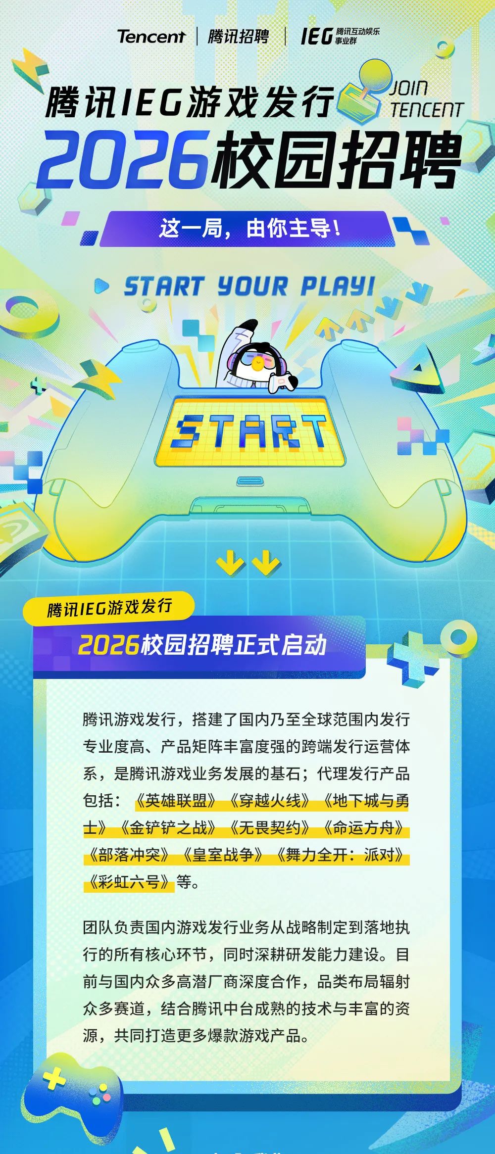 <p>Tencent</p>
<p>腾讯招聘</p>
<p>IEC</p>
<p>腾讯互动娱乐</p>
<p>事业群</p>
<p>UOIn</p>
<p>腾讯IEG游戏发行</p>
<p>TENCEAT</p>
<p>2026校园招聘</p>
<p>这一局，由你主导！</p>
<p>STARTS</p>
<p>YOUR PLAYI</p>
<p>START</p>
<p>腾讯IEG游戏发行</p>
<p>2026校园招聘正式启动</p>
<p>腾讯游戏发行,搭建了国内乃至全球范围内发行</p>
<p>专业度高、产品矩阵丰富度强的跨端发行运营体</p>
<p>系，是腾讯游戏业务发展的基石；代理发行产品</p>
<p>包括：</p>
<p>《英雄联盟》</p>
<p>《穿越火线》</p>
<p>《地下城与勇</p>
<p>土》</p>
<p>《金铲铲之战》</p>
<p>《无畏契约》</p>
<p>《命运方舟》</p>
<p>《部落冲突》</p>
<p>《皇室战争》</p>
<p>《舞力全开:派对》</p>
<p>《彩虹六号》等。</p>
<p>团队负责国内游戏发行业务从战略制定到落地执</p>
<p>行的所有核心环节，同时深耕研发能力建设。目</p>
<p>前与国内众多高潜厂商深度合作,品类布局辐射</p>
<p>众多赛道，结合腾讯中台成熟的技术与丰富的资</p>
<p>源，共同打造更多爆款游戏产品。</p>
