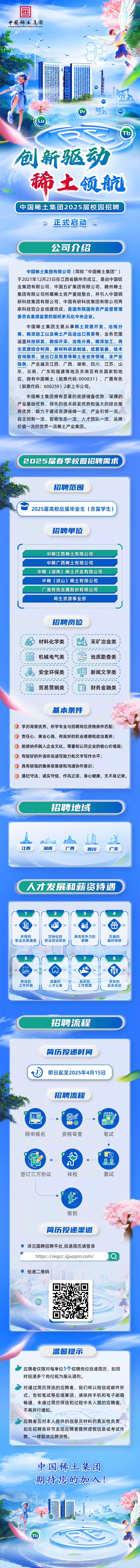 <p>国</p>
<p>中國稀土集團</p>
<p>CHINA RARE EARTH GROUP CO,LTD.</p>
<p>药</p>
<p>7</p>
<p>Pr册四</p>
<p>LU</p>
<p>(Tb</p>
<p>创新驱动</p>
<p>稀土领航</p>
<p>中国稀土集团2025届校园招聘</p>
<p>》正式启动《</p>
<p>公司介绍</p>
<p>中国稀土集团有限公司(简称“中国稀土集团”)</p>
<p>于2021年12月23日在江西省赣州市成立,是由中国铝</p>
<p>业集团有限公司、中国五矿集团有限公司、赣州稀土</p>
<p>集团有限公司所属稀土资产重组整合,并引入中国钢</p>
<p>研科技集团有限公司、中国有研科技集团有限公司两</p>
<p>家科技型企业组建而成,是国务院国有资产监督管理</p>
<p>委员会直接监管的股权多元化中央企业。</p>
<p>中国稀土集团主要从事稀土资源开发、冶炼分</p>
<p>离、精深加工以及稀土产品进出☐贸易等,业务范围</p>
<p>涵盖科技研发、勘探开采、冶炼分离、精深加工、再</p>
<p>生资源综合利用、新材料研发制造、成套装备、技术</p>
<p>咨询服务、进出☐及贸易等稀土全业务领域、全产业</p>
<p>链条,产业遍及江西、广西、湖南、四川、江苏、山</p>
<p>东、云南、广东和福建等地及东南亚有关国家和地</p>
<p>区,拥有中国稀土(股票代码:000831)、广晟有色</p>
<p>(股票代码: 600259) 2家上市公司。</p>
<p>中国稀土集团拥有显著的资源储备优势、深厚的</p>
<p>产业基础优势、领先的技术研发优势和强大的综合服</p>
<p>务优势,致力于建成资源保障一流、产业引领一流、</p>
<p>自主创新一流、智能生态一流、人才团队一流、品牌</p>
<p>价值一流的世界- -流稀士产业集团。</p>
<p>2025届春季校园招聘需求</p>
<p>中国稀土集团</p>
<p>期待您的加入!</p>
<p>( Tb</p>
<p>Copyright 国聘融媒体发展中心AllRights Reserved</p>

<table>
<tr><td>招聘范围2025届高校应届毕业生(含留学生)招聘单位中稀江西稀土有限公司中稀广西稀土有限公司中稀(湖南)稀土开发有限公司中稀(凉山)稀土有限公司广晟有色金属股份有限公司再生资源事业部l J招聘岗位材料化学类 同采矿冶金类00机械电气类 A入 地质勘查类安全环保类 目新闻文学类号贸易营销类 ☐财务金融类基本条件 里业  学历背景优秀,所学专业与招聘岗位资格条件匹配;  责任心、事业心强,有良好的职业道德和政治素养;能接纳并融入企业文化, 尊重和认同企业的核心价值观;  有较好的外语听说读写能力和文字写作水平具有较强的集体荣誉感和沟通协作意识;  遵纪守法、诚实守信、作风正派、身心健康,无不良记录。招聘地域</td>
</tr>
<tr><td>小 iO 用江西 湖南 广西 四川 广东(人才发展和薪资待遇</td>
</tr>
<tr><td>C1 2 C3 4血 <时 们多维的 定制化的 具有竞争力的 完善的职业发展通道1职业培训体系 福利保障5 C6 7 C8'爵 介舒适的 温馨的 良好的 多彩的工作环境 人才公寓 工作氛围 业余活动招聘流程</td>
</tr>
<tr><td>简历投递时间(四 即日起至2025年4月15日招聘流程; 00008星 上西O 雷网申报名 资格审查 笔试。父 电o .西n.签订三方协议 体检 面试报到简历投递渠道 详见国聘招聘平台,投递简历请登录https://regcc.iguopin.com/ Q 投递二维码) (杭I 中 入.0温馨提示1 应聘者仅限对每单位1个招聘岗位投递简历, 如同时投递多个岗位视为服从调剂。2r对通过简历筛选的应聘者,我们将以短信或邮件形式,告知笔试等后续事项,请保持手机和电子邮箱畅通,未通过简历筛选和过程中未入围的应聘者,不再另行通知。b3.应聘者应对本人提供的信息及材料的真实性负责,如在招聘各环节发现应聘者提供虚假信息或考试作弊,一律取消应聘资格。</td>
</tr>
</table>
