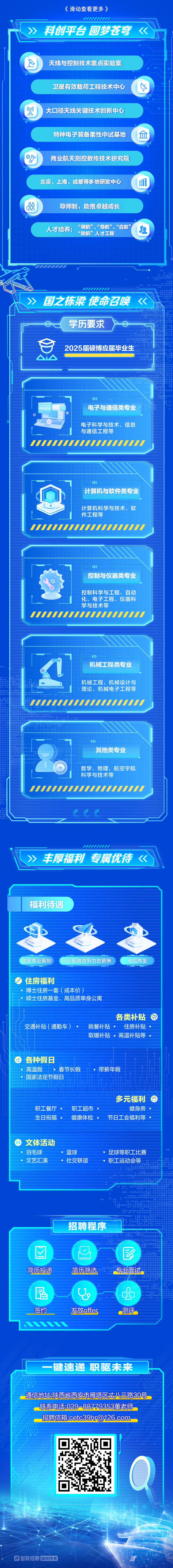 <p>《滑动查看更多》</p>
<p>m111r</p>
<p>》科创平台圆梦苍穹<</p>
<p>天线与控制技术重点实验室</p>
<p>卫星有效载荷工程技术中心上</p>
<p>(2)大☐径天线关键技术创新中心</p>
<p>特种电子装备柔性中试基地金</p>
<p>g商业航天测控数传技术研究院</p>
<p>北京、上海、成都等多地研发中心闻</p>
<p>器导师制,助推卓越成长</p>
<p>人才培养:&ldquo;助航&rdquo;人才工程&ldquo;领航&rdquo;、&ldquo;导航&rdquo;、&ldquo;启航&rdquo;2</p>
<p>m1.11</p>
<p>》国之栋梁使命召唤《</p>
<p>学历要求</p>
<p>g2025届硕博应届毕业生</p>
<p>AiA</p>
<p>H</p>
<p>电子与通信类专业</p>
<p>电子科学与技术、信息</p>
<p>与通信工程等</p>
<p>/II1/IMMMMN</p>
<p>HH</p>
<p>计算机与软件类专业</p>
<p>计算机科学与技术、软</p>
<p>件工程等</p>
<p>/IIN1MWMM/WWMMN</p>
<p>1</p>
<p>控制与仪器类专业</p>
<p>控制科学与工程、自动</p>
<p>化、电子工程、仪器科</p>
<p>学与技术等</p>
<p>"IIN1NWVWMM/MMN</p>
<p>1</p>
<p>机械工程类专业</p>
<p>A</p>
<p>机械工程、机械设计与</p>
<p>理论、机械电子工程等</p>
<p>IMMMM</p>
<p>HH</p>
<p>其他类专业</p>
<p>工</p>
<p>数学、物理、航空宇航</p>
<p>科学与技术等</p>
<p>/II1</p>
<p>港洲券</p>
<p>区》丰厚福利专属优待《</p>
<p>福利待遇</p>
<p>国家事业编制 )行业极具竞争力的薪酬七险两金</p>
<p>)住房福利</p>
<p>,博士住房一套(成本价)</p>
<p>硕士住房基金、高品质单身公寓</p>
<p>各类补贴</p>
<p>交通补贴(通勤车) .就餐补贴 住房补贴 </p>
<p>取暖补贴 高温补贴等 </p>
<p>)各种假日</p>
<p>高温假 春节长假带薪年假</p>
<p>国家法定节假日</p>
<p>多元福利图</p>
<p>职工餐厅 职工超市 健身房 </p>
<p>生日祝福 健康体检 节日工会福利等 </p>
<p> 文体活动</p>
<p>羽毛球篮球足球等职工比赛</p>
<p>文艺汇演 社交联谊职工运动会等</p>
<p>招聘程序</p>
<p>☐巴已</p>
<p>简历投递简历筛选专业面试用</p>
<p>晶We(骨</p>
<p>签约发放ffer测评</p>
<p>键速递 职驱未来</p>
<p>通信地址陕 西省西安市雁塔区丈八三路30号</p>
<p>联系电话:029-88779353董老师</p>
<p>招聘信箱:****</p>
<p>Q</p>
<p>聘智联招聘版权所有</p>
