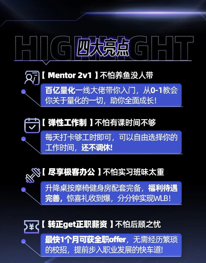 <p>大点司而<br/>[Mentor2v1]不怕养鱼没人带</p>
<p>百亿量化一线大佬带你入门，从0-1教会<br/>你关于量化的一切，助你全面成长!</p>
<p>[弹性工作制]不怕有课时间不够</p>
<p>每天打卡够工时即可，可以自由选择你的<br/>工作时间，还不调休</p>
<p>尽享极吸害办公不怕实习班味太重</p>
<p>升降桌按摩椅健身房配套完备，福利待遇<br/>完善，惊喜礼收到爆，分分钟实现WLB!</p>
<p>￥[转正get正职薪资]不怕后顾之忧</p>
<p>最快1个月可获全职offer，无需经历繁琐<br/>的校招，提前步入职业发展的快车道!</p>

