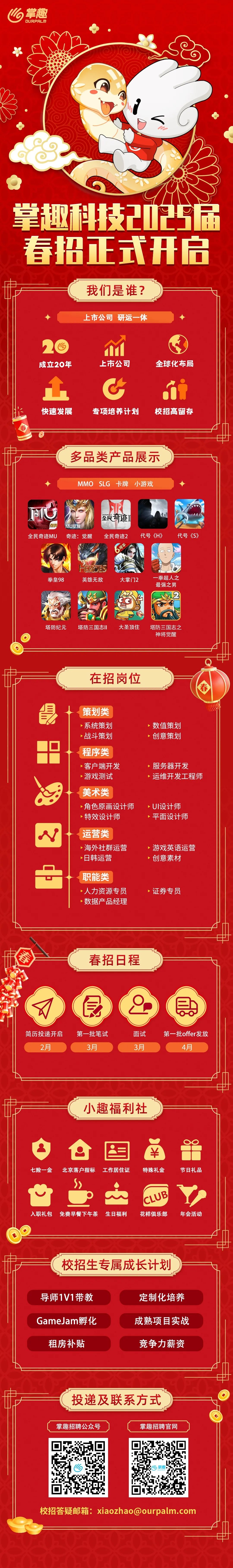 <p>掌趣</p>
<p>OURPALM</p>
<p>掌趣科技2025届<br/>春招正式开启</p>
<p>我们是谁?<br/>上市公司研运一体</p>
<p>2G</p>
<p>成立20年</p>
<p>1</p>
<p>快速发展</p>
<p>上市公司</p>
<p>全球化布局</p>
<p>专项培养计划</p>
<p>校招高留存</p>
<p>多品类产品展示<br/>MMO SLG 卡牌<br/>小游戏</p>
<p> </p>
<p>R</p>
<p>全民奇迹MU</p>
<p>MU觉醒</p>
<p>奇迹:觉醒</p>
<p>全民奇迹1</p>
<p>全民奇迹2</p>
<p>周年</p>
<p>代号《H》</p>
<p>代号《S》</p>
<p>拳皇98</p>
<p>HEROES<br/>英雄无敌</p>
<p>大掌门2</p>
<p>一拳超人之<br/>最强之男</p>
<p>塔防纪元</p>
<p>塔防三国志I</p>
<p>大圣顶住</p>
<p>塔防三国志之<br/>神将觉醒</p>
<p>在招岗位</p>
<p>春</p>
<p> </p>
<p>策划类<br/>系统策划<br/>战斗策划<br/>程序类<br/>客户端开发<br/>游戏测试<br/>美术类</p>
<p>角色原画设计师<br/>特效设计师</p>
<p>数值策划<br/>创意策划</p>
<p>服务器开发</p>
<p>运维开发工程师</p>
<p>UI设计师<br/>平面设计师</p>
<p>运营类</p>
<p>海外社群运营<br/>日韩运营</p>
<p>游戏英语运营<br/>创意素材</p>
<p>职能类</p>
<p>人力资源专员<br/>数据产品经理</p>
<p>证券专员</p>
<p>春</p>
<p>春招日程</p>
<p> </p>
<p>简历投递开启</p>
<p>2月</p>
<p>第一批笔试</p>
<p>3月</p>
<p>面试</p>
<p>3月</p>
<p>第一批offer发放<br/>4月</p>
<p>小趣福利社</p>
<p>￥</p>
<p>OO</p>
<p>七险一金</p>
<p>北京落户指标</p>
<p>工作居住证</p>
<p>特殊礼金</p>
<p>节日礼品</p>
<p>入职礼包 免费早餐下午茶 生日福利</p>
<p>CLUB</p>
<p>花样俱乐部</p>
<p>年会活动</p>
<p>校招生专属成长计划</p>
<p>导师1V1带教<br/>GameJam孵化</p>
<p>租房补贴</p>
<p>定制化培养<br/>成熟项目实战<br/>竞争力薪资</p>
<p>投递及联系方式<br/>掌趣招聘公众号</p>
<p>掌趣招聘官网</p>
<p>校招答疑邮箱:xiaozhao@ourpalm.com</p>
