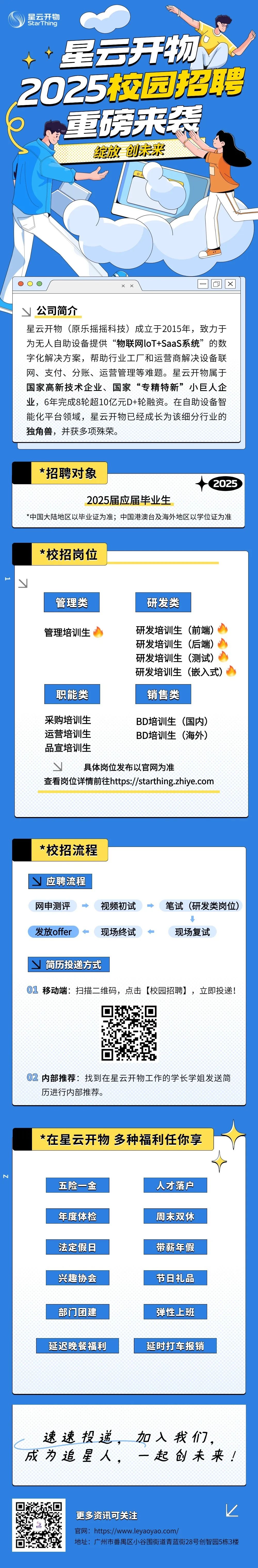 <p>星云开物</p>
<p>StarThing</p>
<p>昆千物<br/>2025校园招聘</p>
<p>重劳殃袭</p>
<p>绽放创未来</p>
<p>x<br/>x</p>
<p>公司简介</p>
<p>星云开物(原乐摇摇科技)成立于2015年，致力于<br/>为无人自助设备提供“物联网loT+SaaS系统”的数<br/>字化解决方案，帮助行业工厂和运营商解决设备联<br/>网、支付、分账、运营管理等难题。星云开物属于<br/>国家高新技术企业、国家“专精特新”小巨人企<br/>业，6年完成8轮超10亿元D+轮融资。在自助设备智<br/>能化平台领域，星云开物已经成长为该细分行业的<br/>独角兽，并获多项殊荣。</p>
<p>*招聘对象</p>
<p>2025</p>
<p>2025届应届毕业生</p>
<p>*中国大陆地区以毕业证为准;中国港澳台及海外地区以学位证为准</p>
<p>*校招岗位</p>
<p>管理类</p>
<p>研发类</p>
<p>管理培训生</p>
<p>职能类</p>
<p>研发培训生(前端)<br/>研发培训生(后端)<br/>研发培训生(测试)<br/>研发培训生(嵌入式)<br/>销售类</p>
<p>采购培训生</p>
<p>BD培训生(国内)</p>
<p>运营培训生</p>
<p>BD培训生(海外)</p>
<p>品宣培训生</p>
<p>具体岗位发布以官网为准</p>
<p>查看岗位详情前往https://starthing.zhiye.com</p>
<p>*校招流程</p>
<p>应聘流程<br/>网申测评<br/>发放offer</p>
<p>视频初试<br/>现场终试</p>
<p>笔试(研发类岗位)<br/>现场复试</p>
<p>简历投递方式</p>
<p>01移动端:扫描二维码，点击[校园招聘]，立即投递!</p>
<p>02内部推荐:找到在星云开物工作的学长学姐发送简<br/>历进行内部推荐。</p>
<p>*在星云开物 多种福利任你享</p>
<p>五险一金<br/>年度体检<br/>法定假日<br/>兴趣协会<br/>部门团建<br/>延迟晚餐福利</p>
<p>人才落户<br/>周末双休<br/>带薪年假<br/>节日礼品<br/>弹性上班<br/>延时打车报销</p>
<p>速速投递，<br/>成为追星人，</p>
<p>加入我们，<br/>一起创未来!</p>
<p>更多资讯可关注</p>
<p>官网:https://www.leyaoyao.com/</p>
<p>地址:广州市番禺区小谷围街道青蓝街28号创智园5栋3楼</p>
