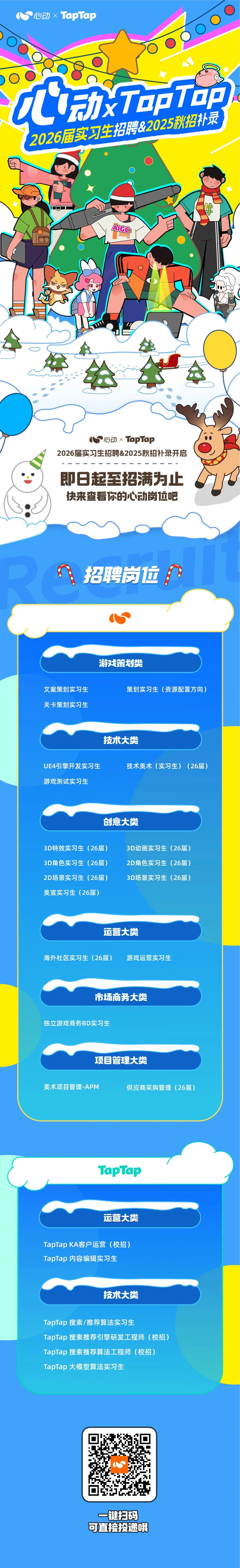 <p>心动 x TapTap</p>
<p>几动TopT印<br/>2026届实习生招聘&2025秋招补录</p>
<p>AIGG</p>
<p>心动 x TapTap</p>
<p>2026届实习生招聘&2025秋招补录开启</p>
<p>即日起至招满为止<br/>快来查看你的心动岗位吧</p>
<p> <br/>招聘岗位</p>
<p>游戏策划类</p>
<p>文案策划实习生<br/>关卡策划实习生</p>
<p>策划实习生(资源配置方向)</p>
<p>技术大类</p>
<p>UE4引擎开发实习生<br/>游戏测试实习生</p>
<p>技术美术(实习生)(26届)</p>
<p>创意大类</p>
<p>3D特效实习生(26届)<br/>3D角色实习生(26届)<br/>2D场景实习生(26届)<br/>美宣实习生(26届)</p>
<p>3D动画实习生(26届)<br/>2D角色实习生(26届)<br/>3D场景实习生(26届)</p>
<p>运营大类</p>
<p>海外社区实习生(26届)</p>
<p>游戏运营实习生</p>
<p>市场商务大类</p>
<p>独立游戏商务BD实习生</p>
<p>项目管理大类</p>
<p>美术项目管理-APM</p>
<p>供应商采购管理(26届)</p>
<p>TapTap</p>
<p>运营大类</p>
<p>TapTap KA客户运营(校招)<br/>TapTap 内容编辑实习生</p>
<p>技术大类</p>
<p>TapTap搜索/推荐算法实习生</p>
<p>TapTap搜索推荐引擎研发工程师(校招)<br/>TapTap搜索推荐算法工程师(校招)</p>
<p>TapTap大模型算法实习生</p>
<p> </p>
<p>一键扫码<br/>可直接投递哦</p>

