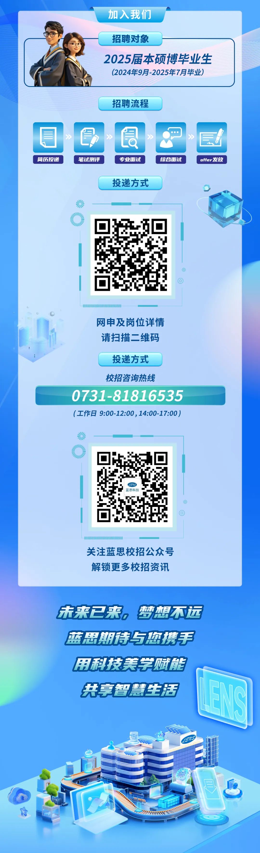<p>加入我们</p>
<p>招聘对象</p>
<p>2025届本硕博毕业生<br/>(2024年9月-2025年7月毕业)</p>
<p>招聘流程</p>
<p>简历投递</p>
<p>笔试测评</p>
<p>专业面试<br/>投递方式</p>
<p>综合面试</p>
<p>offer发放</p>
<p>网申及岗位详情<br/>请扫描二维码</p>
<p>投递方式</p>
<p>校招咨询热线</p>
<p>0731-81816535<br/>(工作日9:00-12:00,14:00-17:00)</p>
<p>槳读的綳</p>
<p>关注蓝思校招公众号<br/>解锁更多校招资讯</p>
<p>未来已来，梦想不远<br/>蓝思期待与您携手<br/>用科技美学赋能<br/>共享智慧生活</p>
<p> </p>
<p>&ldquo;</p>
