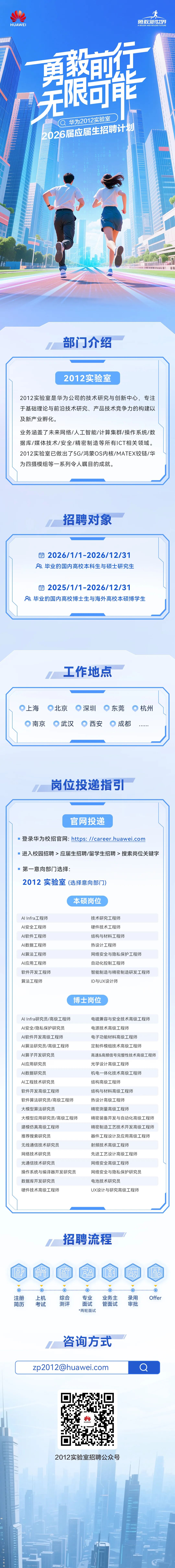 <p>勇敢新世界</p>
<p>HUAWEI</p>
<p>ABIGGER AND BOLDER FUTURE</p>
<p>百教前</p>
<p>RV</p>
<p>足熊宁能</p>
<p>A</p>
<p></p>
<p>无</p>
<p>华为2012实验室</p>
<p>2026届应届生招聘计划</p>
<p>部门介绍</p>
<p>2012实验室</p>
<p>2012实验室是华为公司的技术研究与创新中心，专注</p>
<p>于基础理论与前沿技术研究、产品技术竞争力的构建以</p>
<p>及新产业孵化。</p>
<p>业务涵盖了未来网络/人工智能/计算集群/操作系统/数</p>
<p>据库/媒体技术/安全/精密制造等所有ICT相关领域。</p>
<p>2012实验室已做出了5G/鸿蒙0S内核/MATEX铰链/华</p>
<p>为四摄模组等一系列令人瞩目的成就。</p>
<p>招聘对象</p>
<p>2026/171-2026/12131</p>
<p>E</p>
<p>毕业的国内高校本科生与硕土研究生</p>
<p>2025/1/1-2026/12/31</p>
<p>8</p>
<p>毕业的国内高校博士生与海外高校本硕博学生</p>
<p>工作地点</p>
<p>上海</p>
<p>北京</p>
<p>深圳</p>
<p>东莞</p>
<p>杭州</p>
<p>9</p>
<p>南京</p>
<p>武汉</p>
<p>西安</p>
<p>成都</p>
<p>冈位投递指5</p>
<p>官网投递</p>
<p>&middot;登录华为校招官网:https: //career.huawei.com</p>
<p>进入校园招聘>应届生招聘/留学生招聘>搜索岗位关键字</p>
<p>第一意向部门选择：</p>
<p>2012实验室</p>
<p>(选择意向部门)</p>
<p>本硕岗位</p>
<p>Al Infra工程师</p>
<p>技术研究工程师</p>
<p>Al安全工程师</p>
<p>硬件技术工程师</p>
<p>Al软件工程师</p>
<p>结构与材料工程师</p>
<p>AI数据工程师</p>
<p>热设计工程师</p>
<p>Al算法工程师</p>
<p>网络安全与隐私保护工程师</p>
<p>Al应用工程师</p>
<p>自动化控制工程师</p>
<p>软件开发工程师</p>
<p>智能制造与精密制造研发工程师</p>
<p>算法工程师</p>
<p>ID与UX设计师</p>
<p>博士岗位</p>
<p>Al Infra研究员/高级工程师</p>
<p>电磁兼容与安全技术高级工程师</p>
<p>Al安全/隐私保护研究员</p>
<p>电源技术高级工程师</p>
<p>Al软件开发高级工程师</p>
<p>电子功能材料高级工程师</p>
<p>Al算法研究员/高级工程师</p>
<p>定制件模组技术高级工程师</p>
<p>Al算子开发研究员</p>
<p>高速&高频信号完整性技术高级工程师</p>
<p>Al应用研究员</p>
<p>光学设计高级工程师</p>
<p>AI数据研究员</p>
<p>机电一体化技术高级工程师</p>
<p>AI工程技术研究员</p>
<p>结构高级工程师</p>
<p>软件开发高级工程师</p>
<p>结构与材料高级工程师</p>
<p>软件算法研究员/高级工程师</p>
<p>热设计高级工程师</p>
<p>大模型算法研究员</p>
<p>精密测量高级工程师</p>
<p>大模型应用研究员/高级工程师</p>
<p>精密装备开发与自动化高级工程师</p>
<p>建模仿真高级工程师</p>
<p>精密制造工艺技术开发高级工程师</p>
<p>推荐搜索研究员</p>
<p>器件工程设计及应用高级工程师</p>
<p>无线通信技术研究员</p>
<p>射频技术高级工程师</p>
<p>网络技术研究员</p>
<p>先进工艺设计高级工程师</p>
<p>光通信技术研究员</p>
<p>网络安全高级工程师</p>
<p>操作系统与编译器开发研究员</p>
<p>网络安全与隐私保护研究员</p>
<p>数据库开发研究员</p>
<p>电池技术研究员</p>
<p>硬件技术高级工程师</p>
<p>UX设计与研究高级工程师</p>
<p>招聘流程</p>
<p>注册</p>
<p>上机</p>
<p>综合</p>
<p>专业</p>
<p>业务主</p>
<p>录用</p>
<p>Offer</p>
<p>简历</p>
<p>考试</p>
<p>测评</p>
<p>面试</p>
<p>管面试</p>
<p>审批</p>
<p>*两轮面试</p>
<p>咨询方式</p>
<p>zp2012huawei.com</p>
<p>2012实验室招聘公众号</p>
